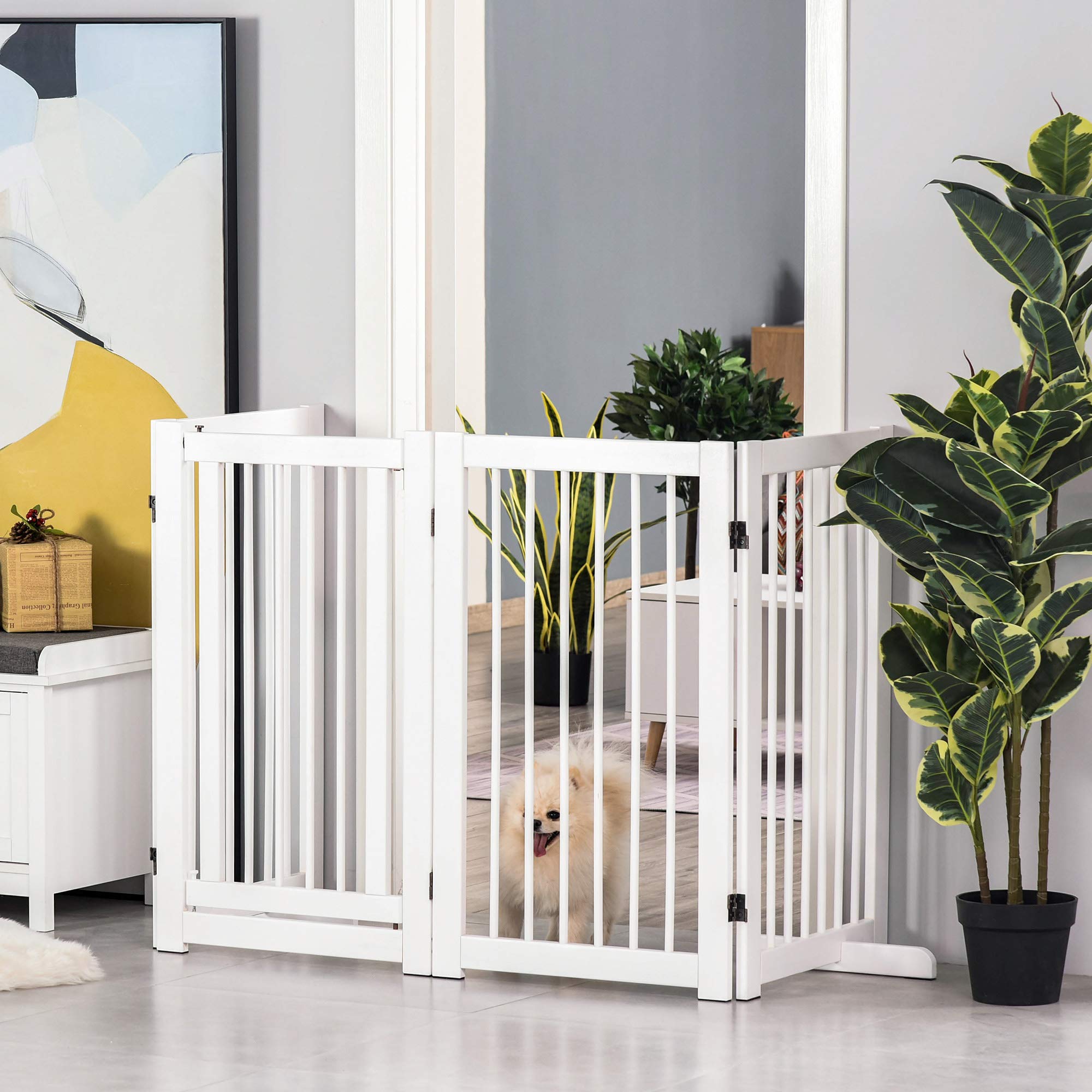 PawHut Barrera para Perros Plegable con Puerta Pequeña Valla para Perros 220x91 cm de 4 Paneles Barrera de Seguridad para Mascotas para Pasillo Escalera Blanco