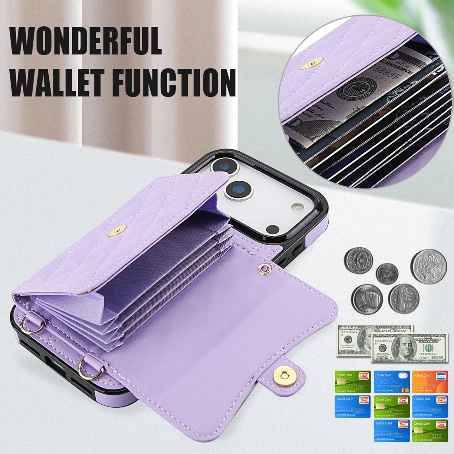 Wallet Case for iPhone 17 Pro Max Crossbody Phone Strap, PU Leather Folio Cover with Lanyard & Wrist Strap & 4 Card Holder & Kickstand, Purse Style Phone Case for Women (Purple)