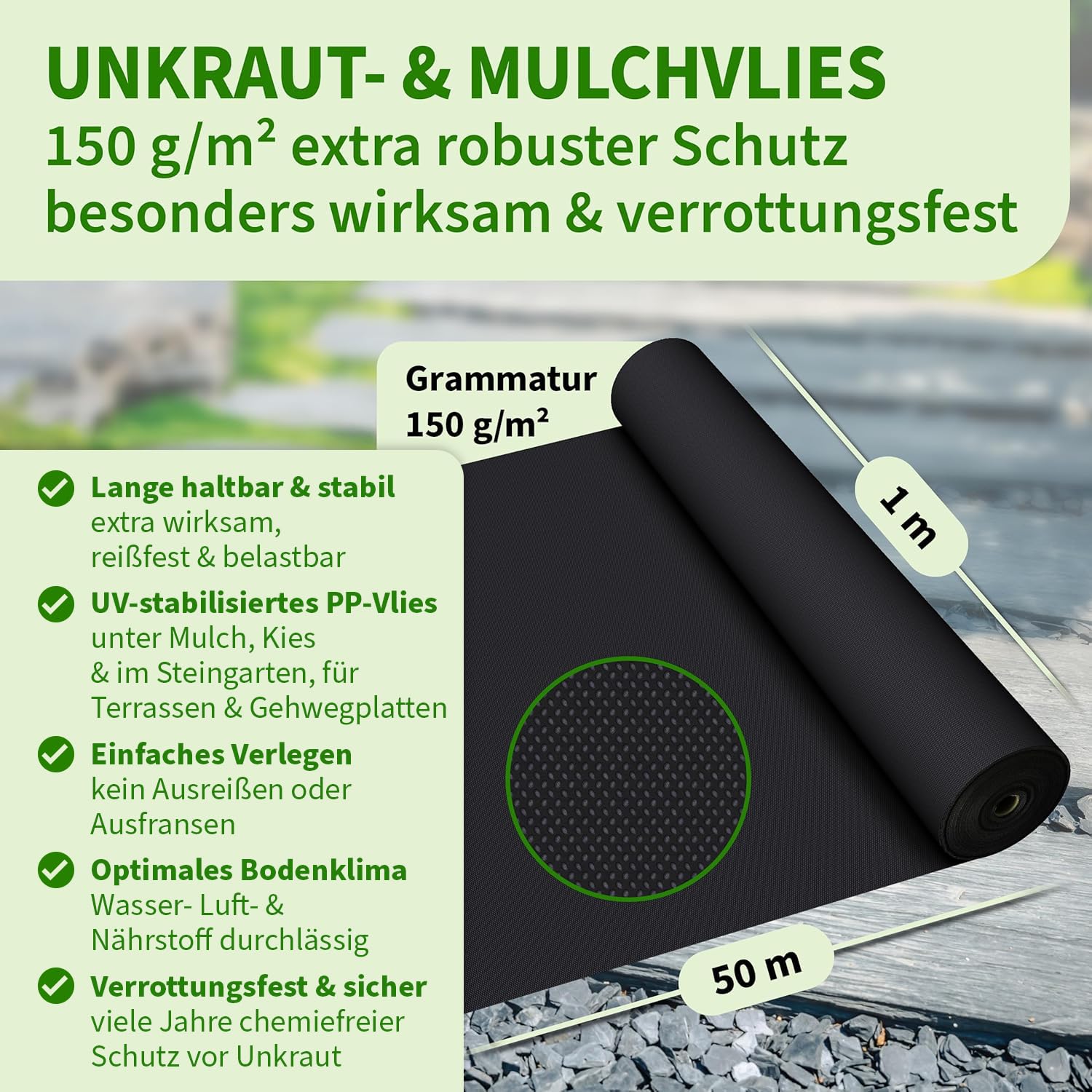 TTL GARDEN 150g/m² Unkrautvlies 50m² 1x50m Rolle - wasserdurchlässig & extra reißfest 50 x 1m breit Gartenvlies auf Rolle - UV-stabile Wurzelsperre Mulchvlies Garten Vlies Folie gegen Unkraut