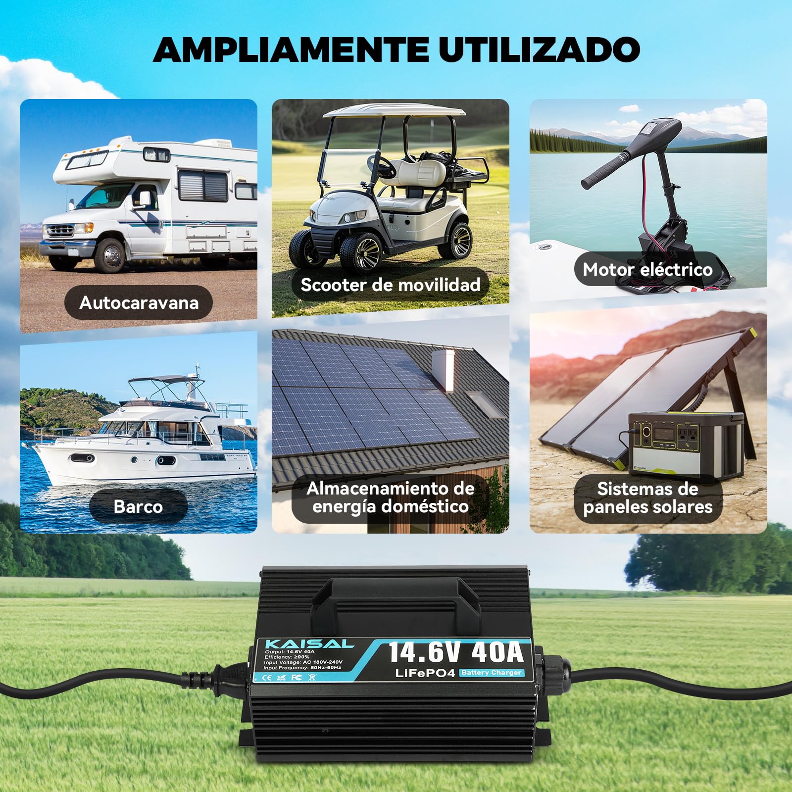 KAISAL 14.6V 40A Cargador de Batería LiFePO4, Cargador de LiFePO4 para 12V/12.8V Batería de Litio,12V Cargador de Bateria Litio Recargable de Ciclo Profundo para Autocaravanas,Barcos,Solar
