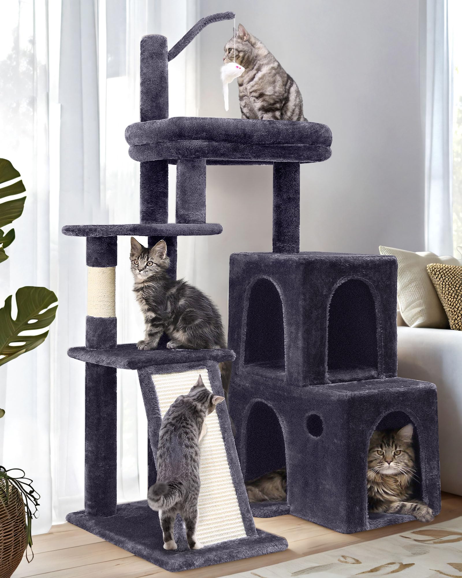Globlazer Kratzbaum Stabil mit 2 Groß Basis, 2 Katzenhaus 90° Drehbares, Gepolsterte Plattform, Sisal Kratzbrett, Katzenspielzeug, Katzenbaum für Katzchen Große Katzen Senioren (F50, Dunkelgrau)