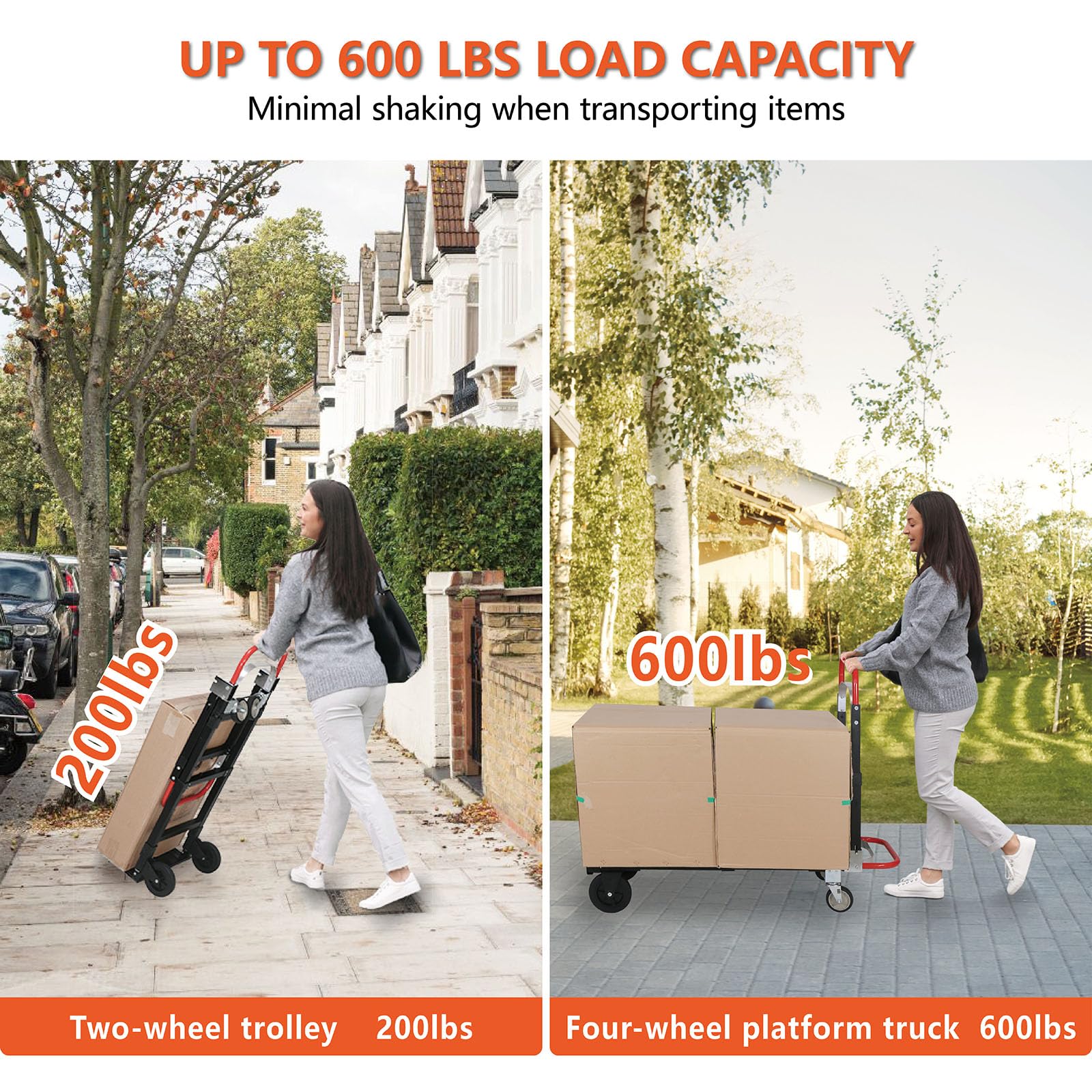 Carretilla de mano convertible 2 en 1 mejorada con capacidad de 600 libras, carretilla de mano plegable de aluminio con ruedas de goma para transporte y mudanza en casa, almacén, supermercado, oficina