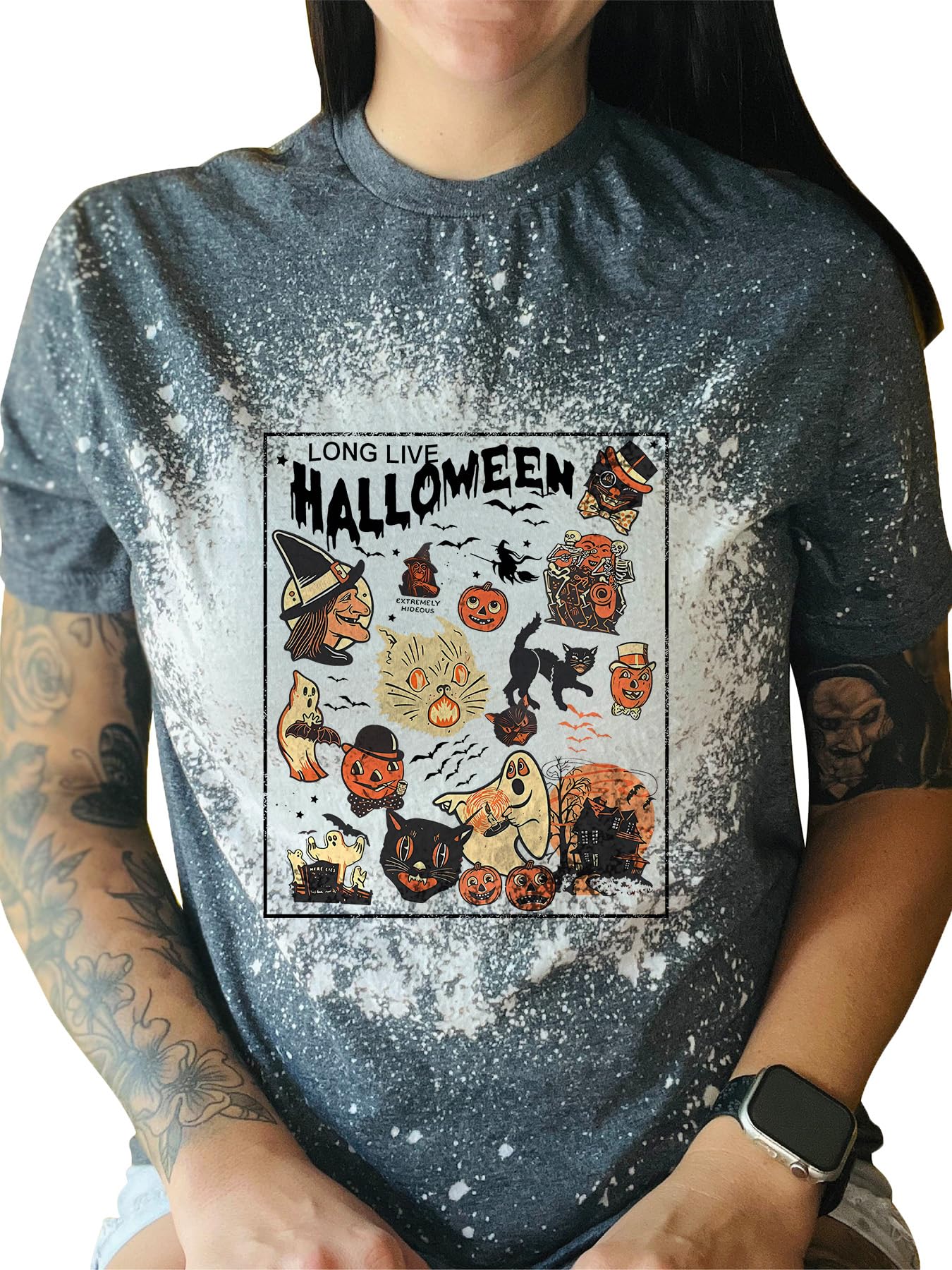 Funny Witchy Frog The Horrors are Never Ending Graphic Bleached T-Shirt Women Party Clothes