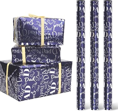 Welpurch 3 Rolls Father Day Mini Wrapping Paper Rolls - 42.5sqft 17 x 120inch per roll Blue Silver Foil Dad Patterns Wrapping Paper Roll for Father Day Gift Wrapping DIY Gft for Daddy