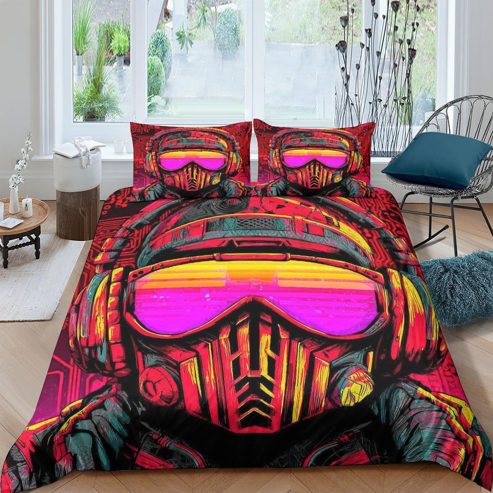 Ctjqhvkz Style-9 3D Printed Neon Cyberpunk Fitted Sheet Microfiber Soft Breathable Futuristic Mask Bed Cover For Bedroom Dorm Mattress Protection Decor Single（135X200cm）
