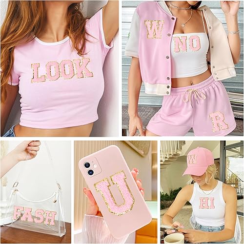 Miniatura 28 de Parches de letras autoadhesivas rosas: Parche bordado con apliques de letras universitarias de chenilla