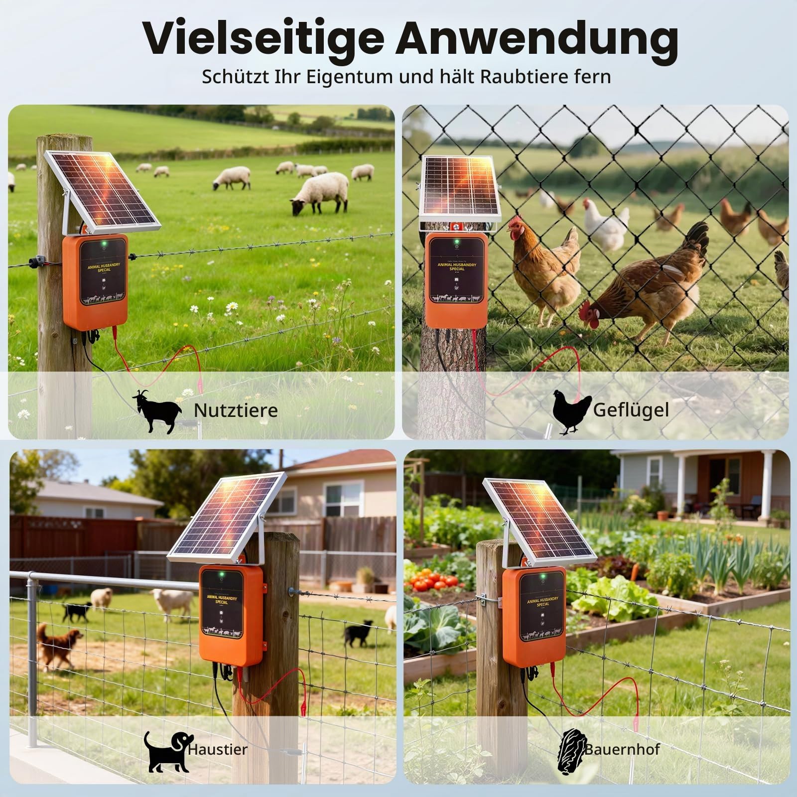 10km Solar Elektrozaungerät, 1.2J 12kV Wiederaufladbarer Weidezaungerät mit Solarpanel & Netzteil, IP65 Wasserdicht für Vieh, Bauernhof, Weide, Geflügel