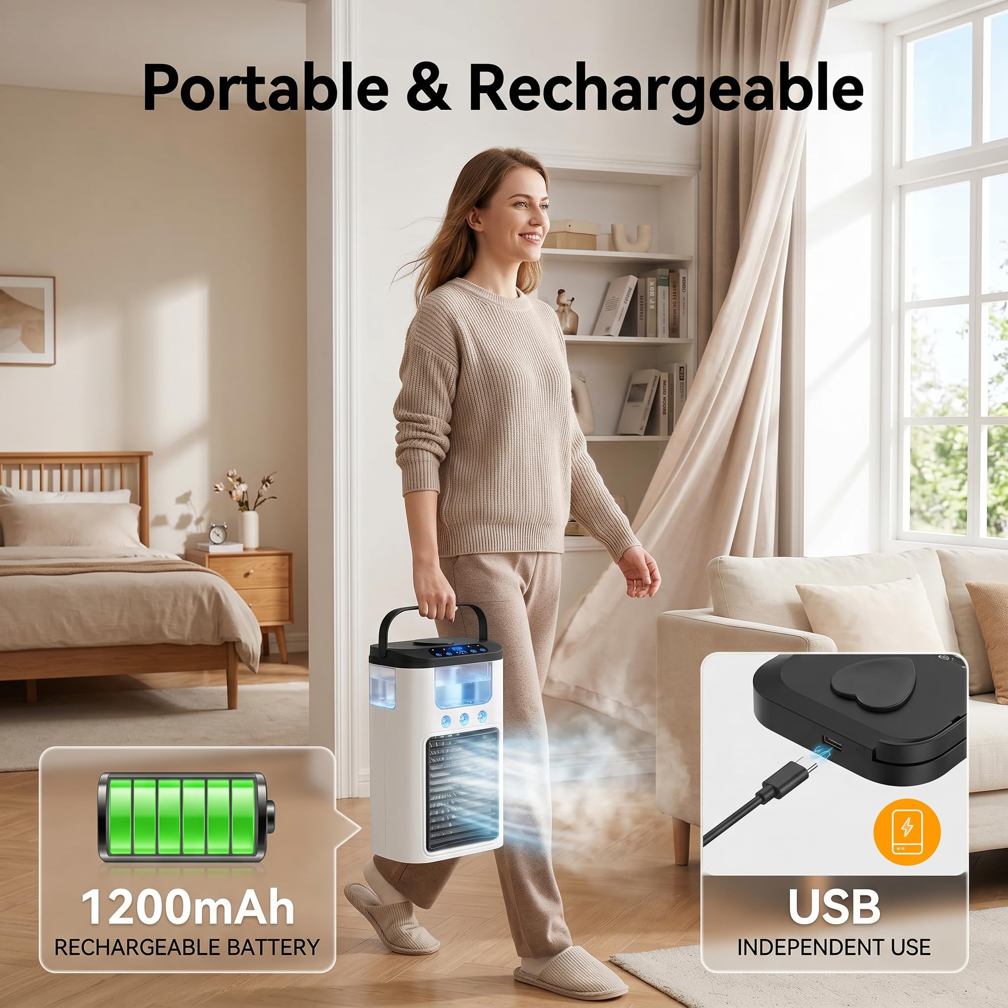 Ventilatore portatile per aria condizionata, alimentato tramite USB, mini condizionatore da tavolo ricaricabile con 3 velocità e 3 modalità di nebulizzazione, serbatoio dell'acqua da 600 ml, luce RG