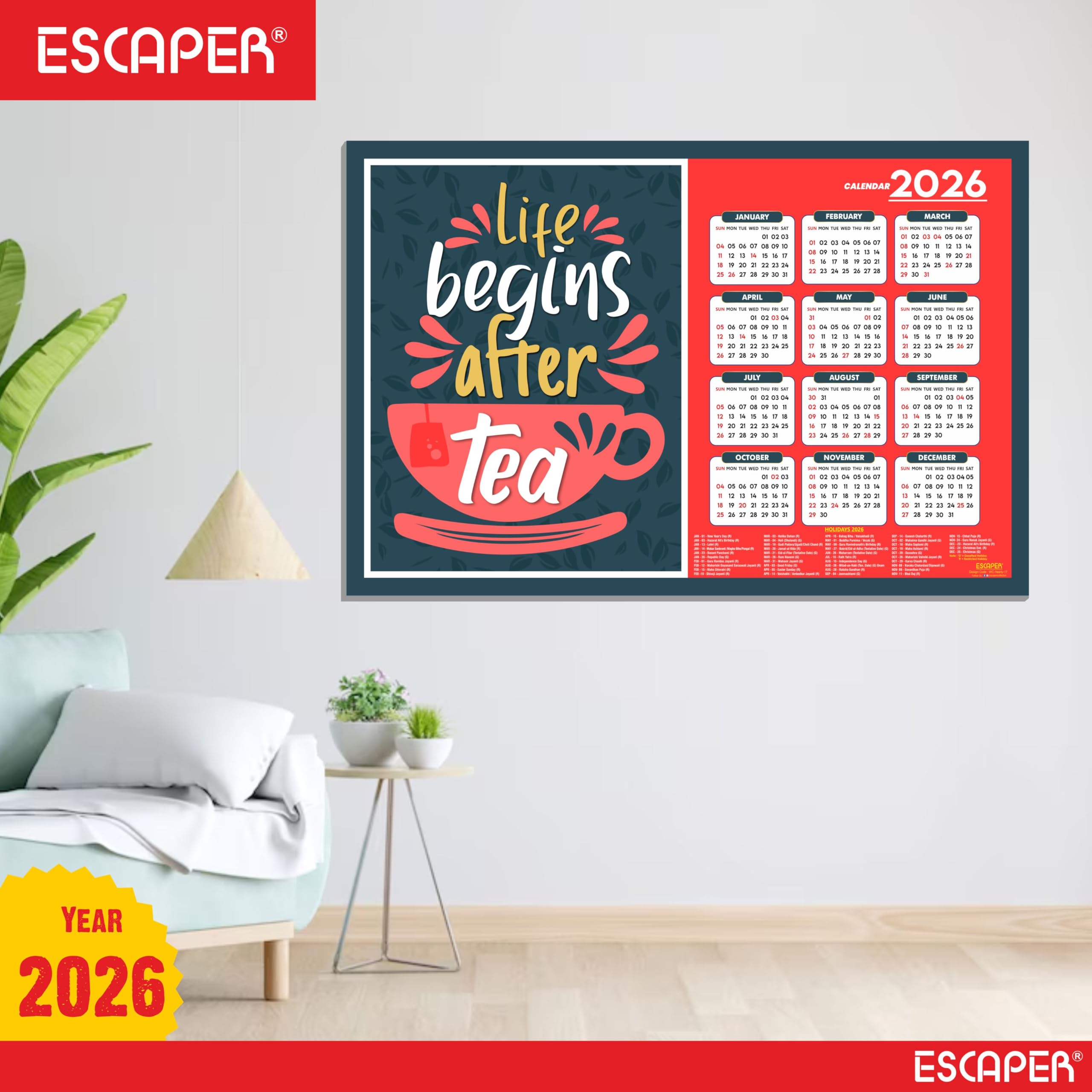 ESCAPER Tea Lovers Wandkalender 2026, 30,5 x 45,7 cm, 300 g/m², laminiertes Papier, selbstklebender einseitiger Kalender für Büro, Zuhause und Café, perfektes Teegeschenk & Wandkunst