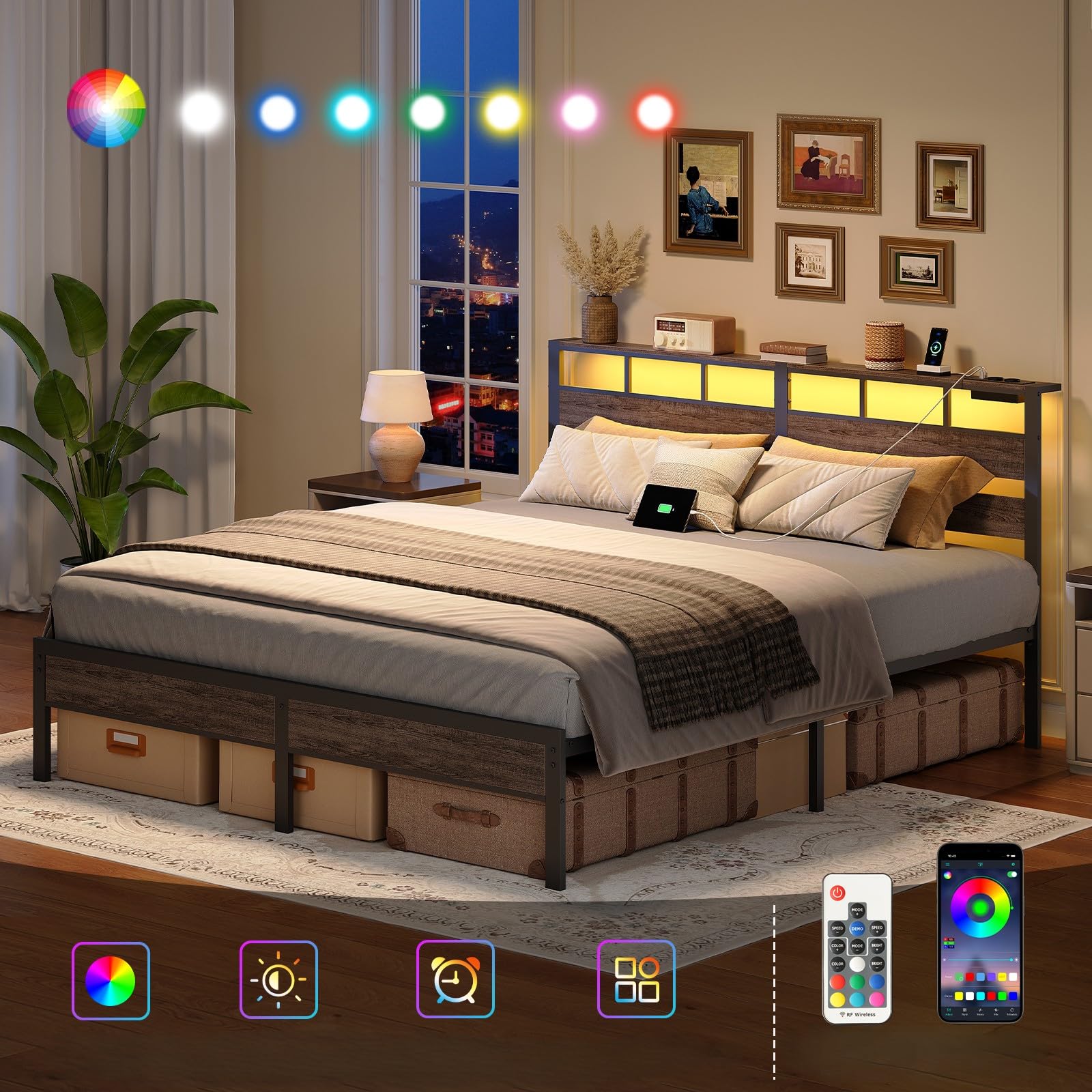 HOOBRO Cama 180 x 200 cm, Estructura Metálica con Ilminación LED, Enchufes y Espacio de Almacenaje, Cama Matrimonio con Cabecero, para Dormitorio, Color Negro Carbón EBC80CDBF01