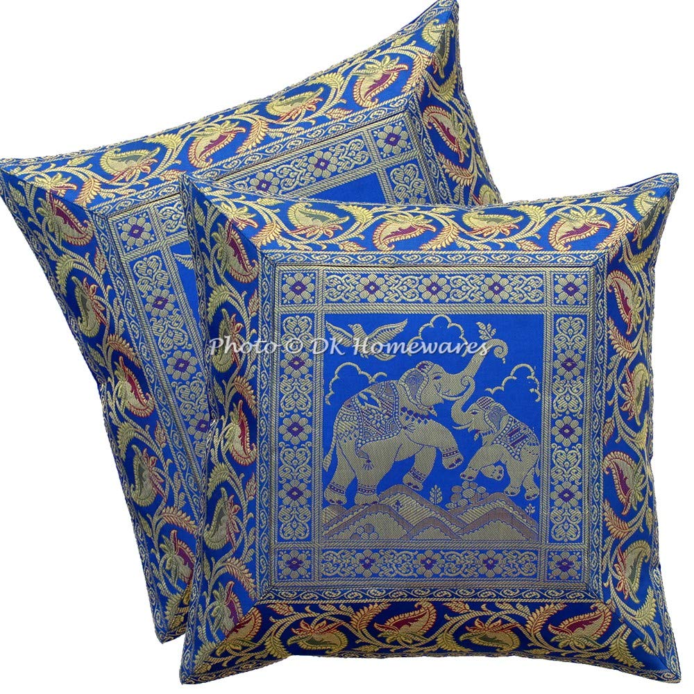 DK Homewares Banarsi Brocade Silk Sofa Diwan Cushion Covers 16 Inch x 16 Inch Living Room Decor Jacquard Elephant Ethnic Decorative Pillowcases (16 x 16 inches; Blue) - Set of 2 Pcs