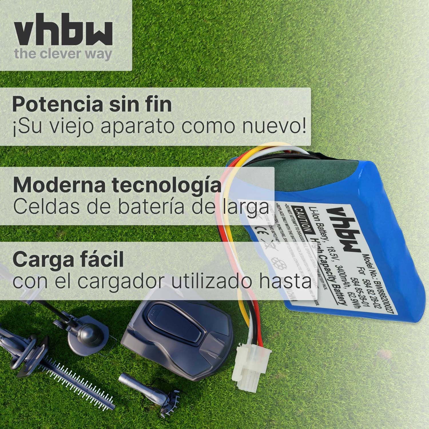 vhbw Batería Compatible con Gardena Sileno - R100Li, Sileno - R100LiC, Sileno City 250 15001 cortacésped 3400mAh 18,5V Li-Ion