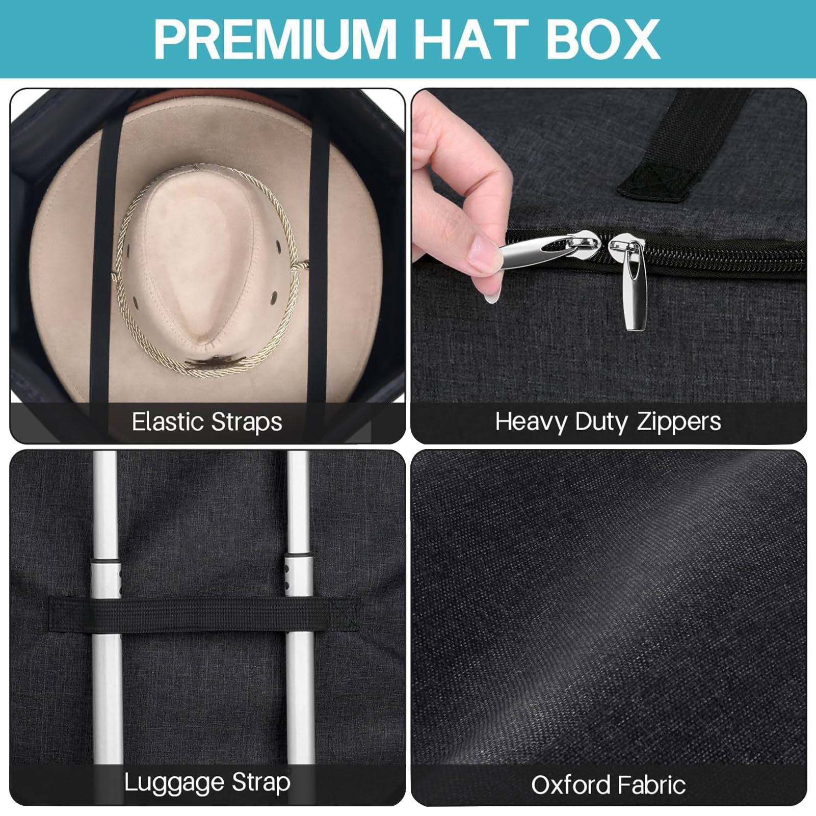 Scatola Porta Cappelli Pieghevole con Coperchio e Tracolla, Custodia da Viaggio per Cappelli da Cowboy e Baseball, Organizer Impilabile per Armadio (Nero,43 x 43 x 18 cm)
