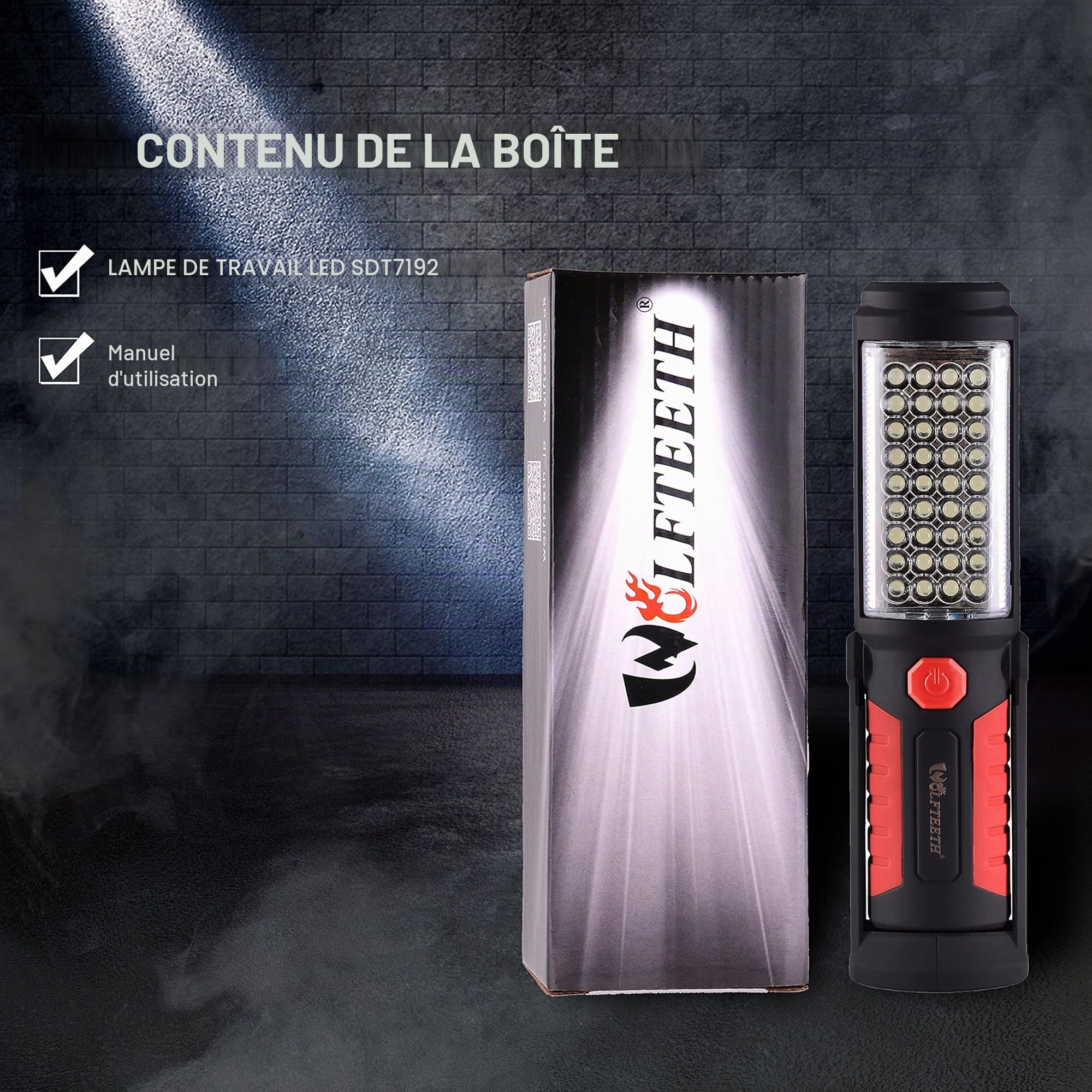 WOLFTEETH Lampe de Poche LED, 36+5 Lampes de Travail Magnétiques Portables, Lampe de Inspection Camping, Crochetà 360 Degrés, Base Magnétique à 270 Degrés pour Usage Domestique d'urgence