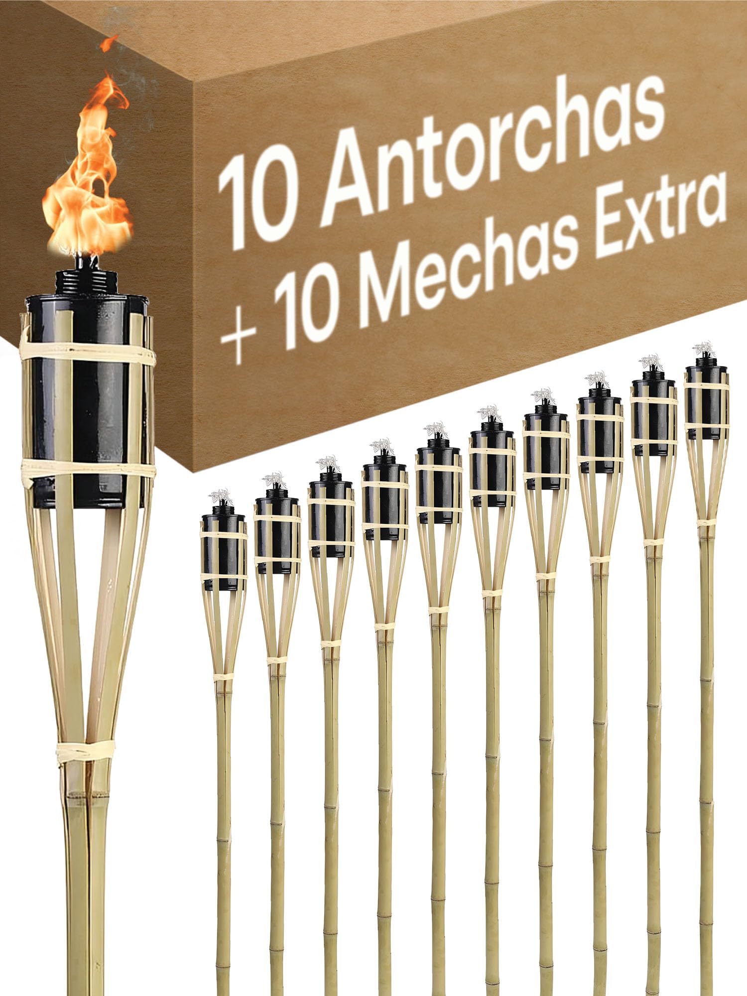 Antorchas Jardín en Bambú 90 CM - 10 Antorchas con 10 Extra Mechas - Larga Duración del Fuego - Recargables