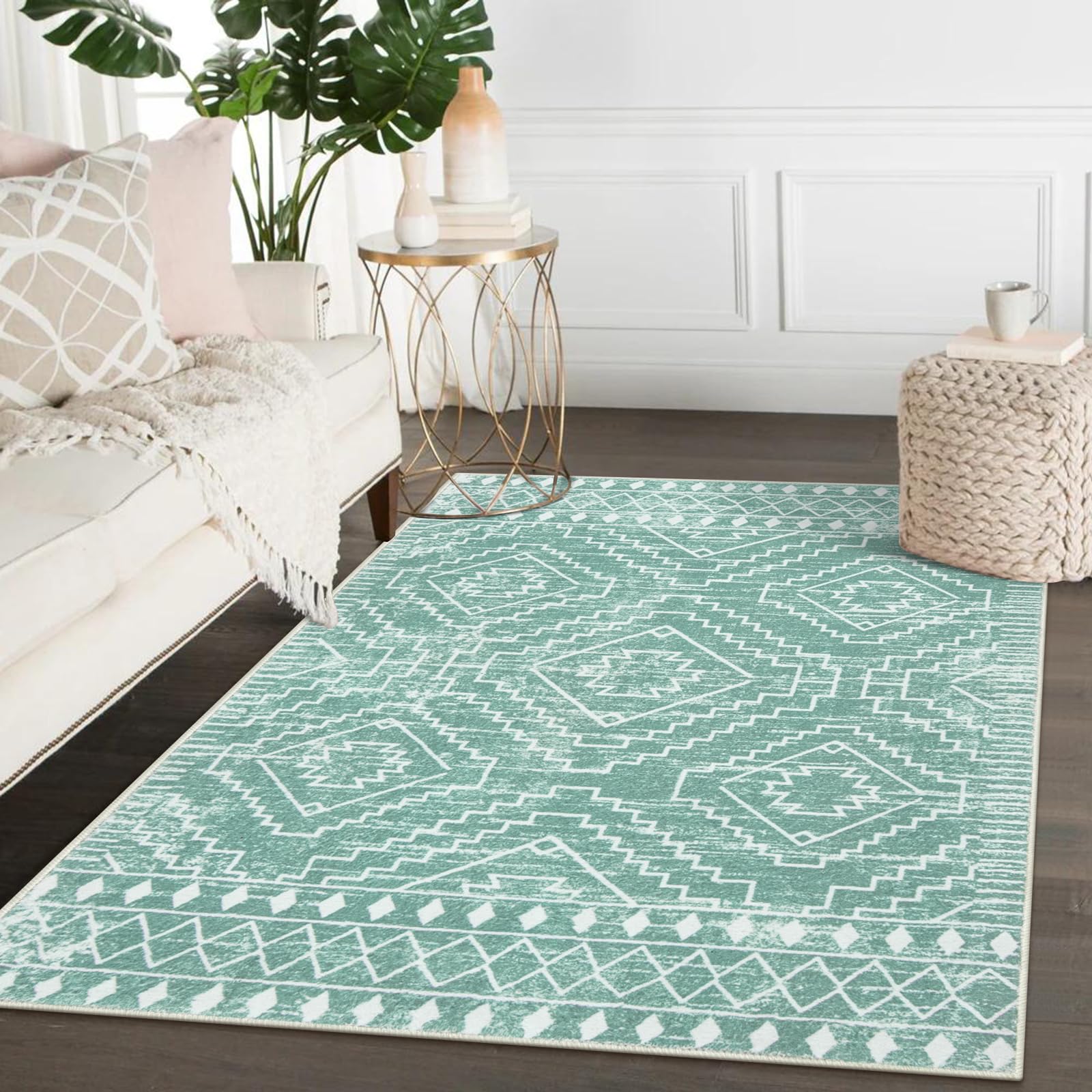 Wonnitar Moroccan Area Rugs 4x6, Sage Green Boho Rug for Bedroom, Washable Ultra-Thin Living Room Throw Mat, Farmhouse Geometric Soft Print Carpet for Nursery Bathroom Kitchen (Mint Green,4'x6')