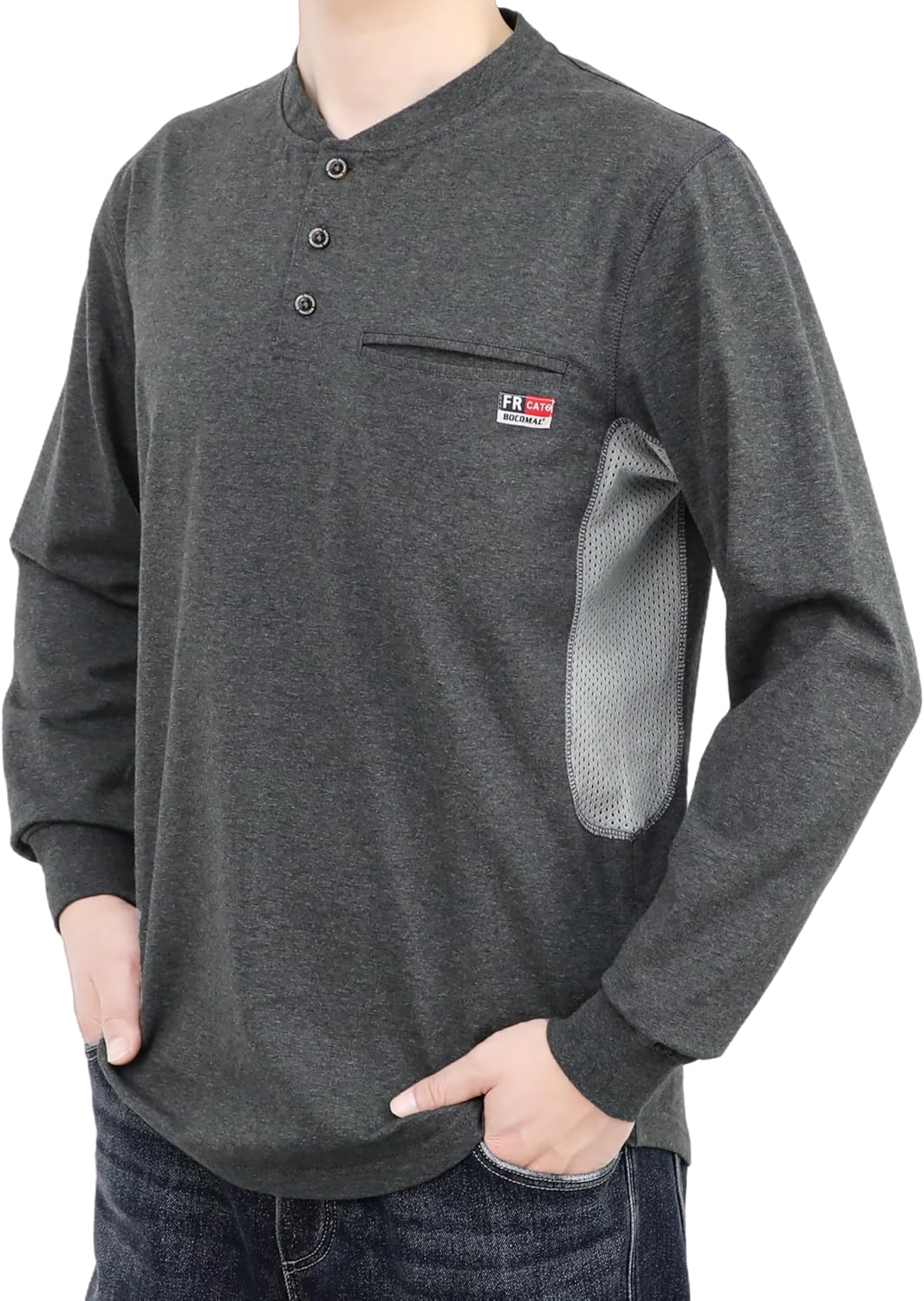 BOCOMAL FR Shirts for Summer Breathable Vented Design 6oz Heather Jersey Flame Resistant Long Sleeve Henley Work Shirt