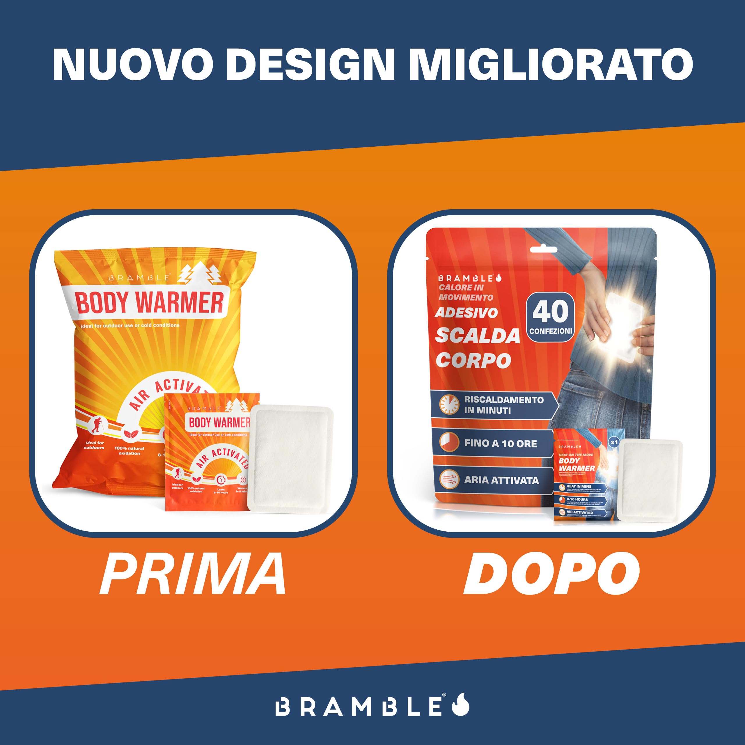 Bramble - Scaldamuscoli adesivi (confezione da 40) - Cerotti adesivi ultrasottili per un calore mirato - Attivati ​​dall'aria e inodori - Fino a 10 ore di calore