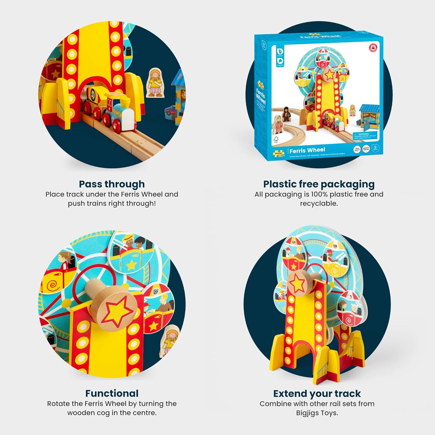 Bigjigs Rail Ferris Wheel Tunnel - 2-in-1 Spinning Fairground Ride & Tunnel for Train Sets, Kids Railway Accessories, Toddler Gifts for 3 Years Old +