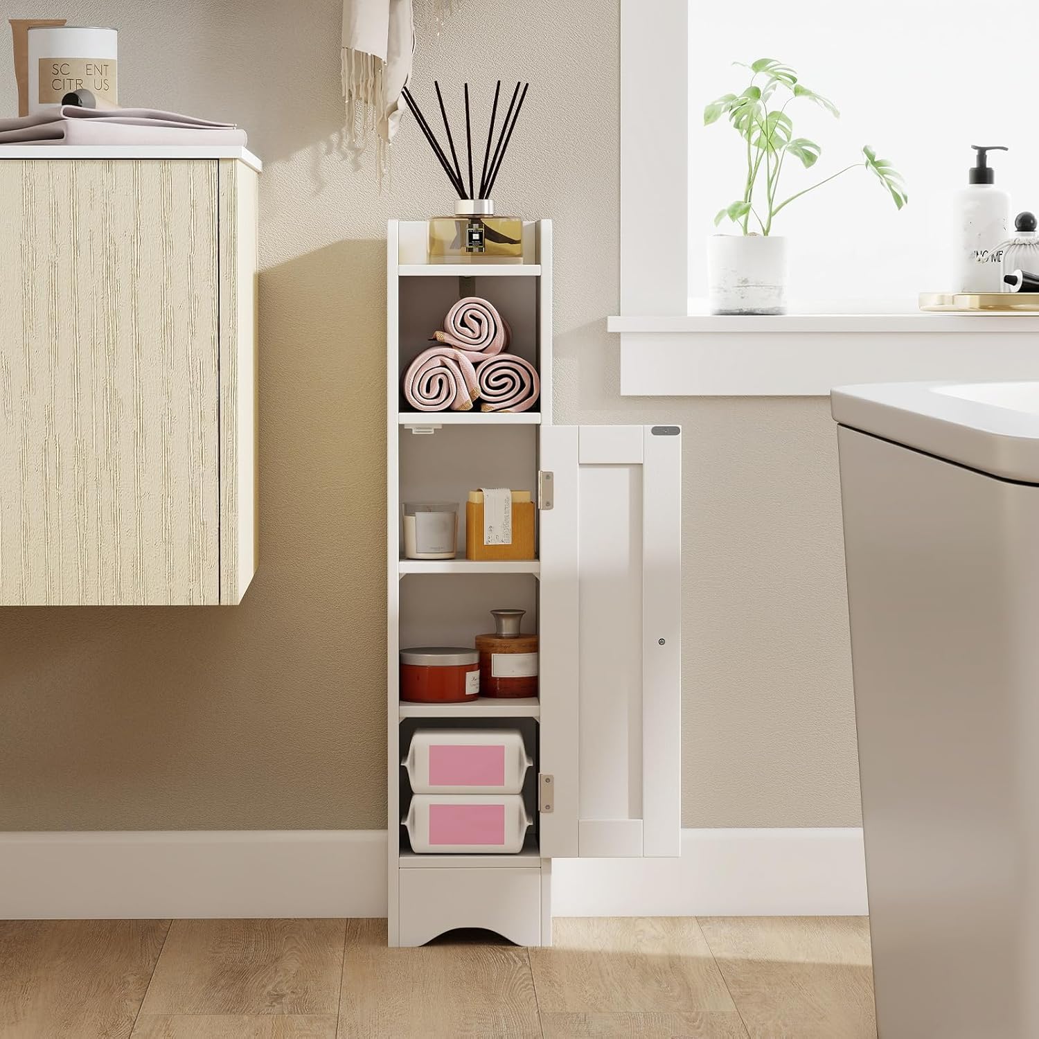 Tangkula Bathroom Storage Cabinet with Door, Toilet Paper Holder Stand with Adjustable Shelves & Open Compartment for Small Spaces, Narrow Freestanding Storage Organizer, 7 x 7.5 x 31.5 Inches (White)