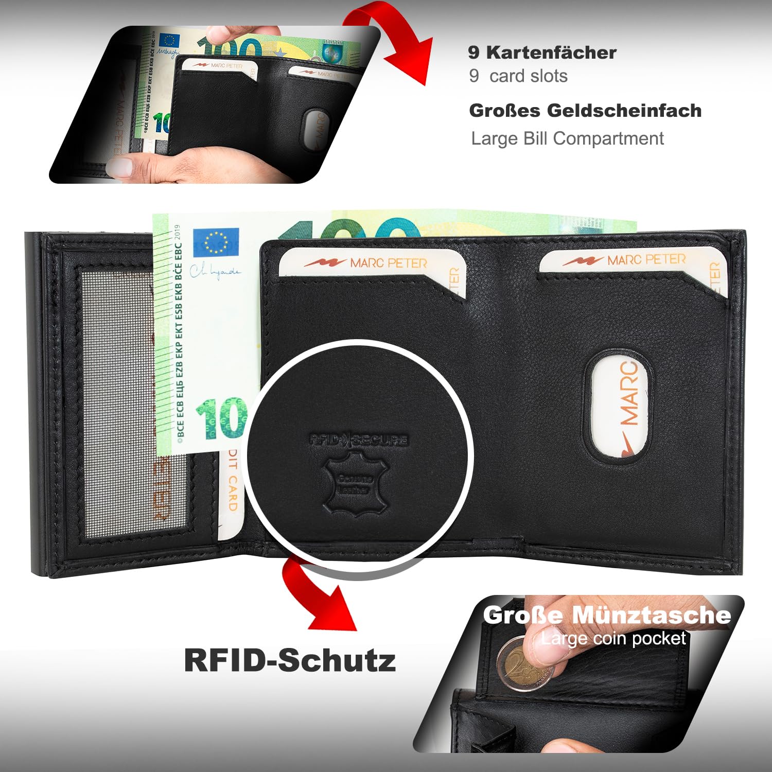 Marc Peter® Chicago Leder Push Air Slim Wallet - Airtag Geldbörse mit Münzfach - RFID Schutz kleines Mini Portmonee Leder Schwarz XL MÜNZFACH