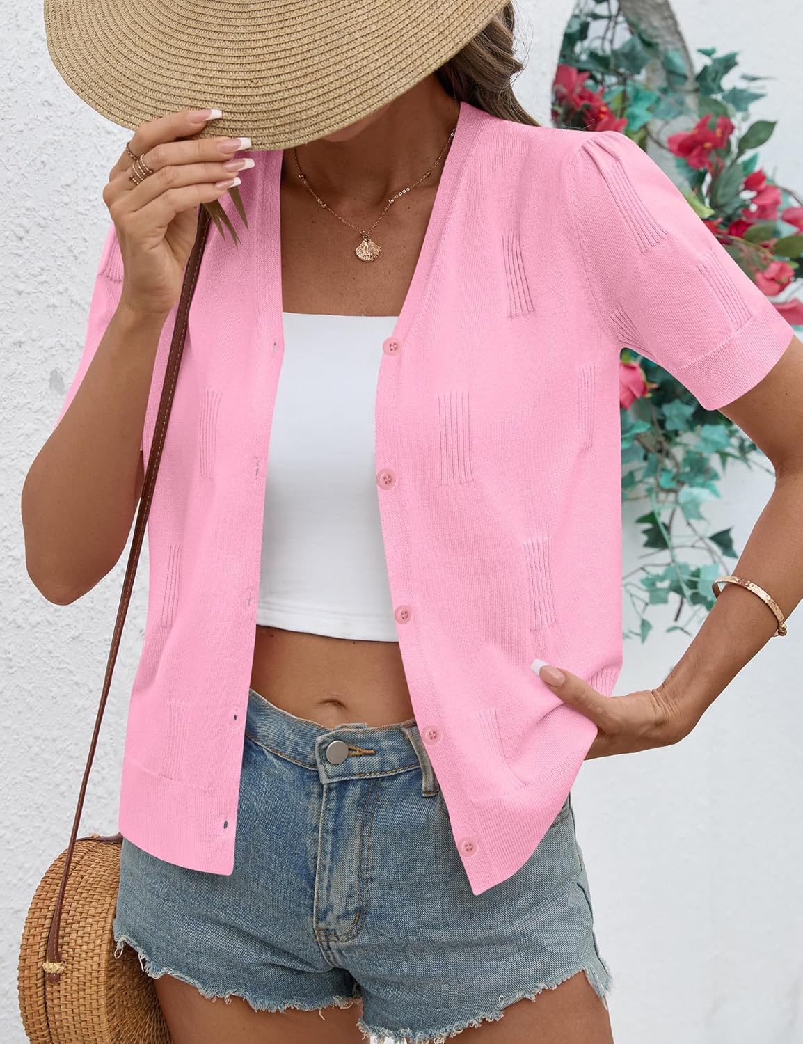 AKEWEI Womens Cardigan V Neck Short Sleeve Lightweight Knit Cropped Sping Summer Cardigans Sweaters - Image 3