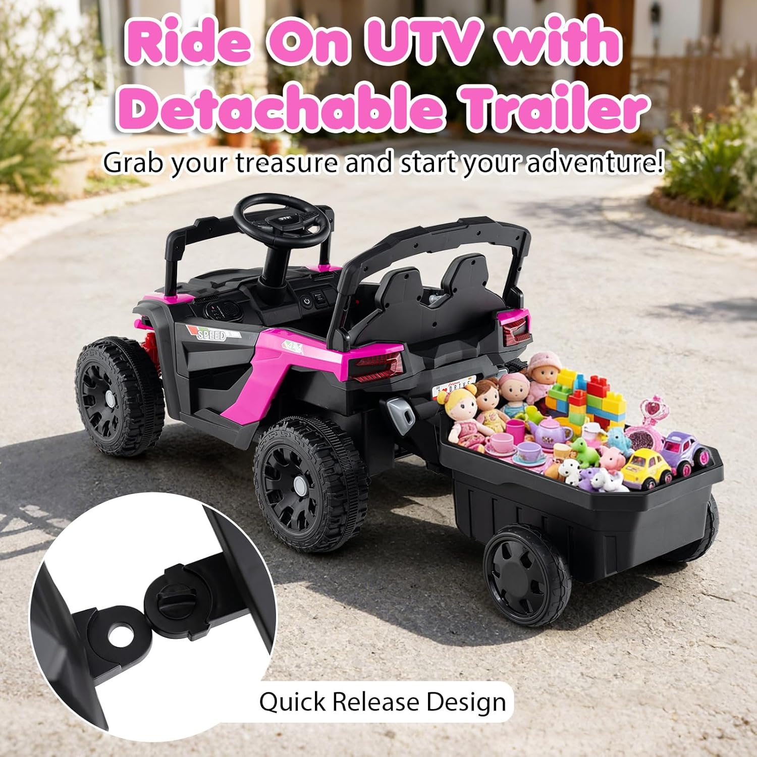 Costzon Kids Ride On UTV Car with Detachable Trailer, 12V Battery Powered Electric Vehicle with Remote Control, 3 Speeds, LED Lights, Music, Horn, Off-Road UTV for Boys & Girls (with Trailer,Pink)