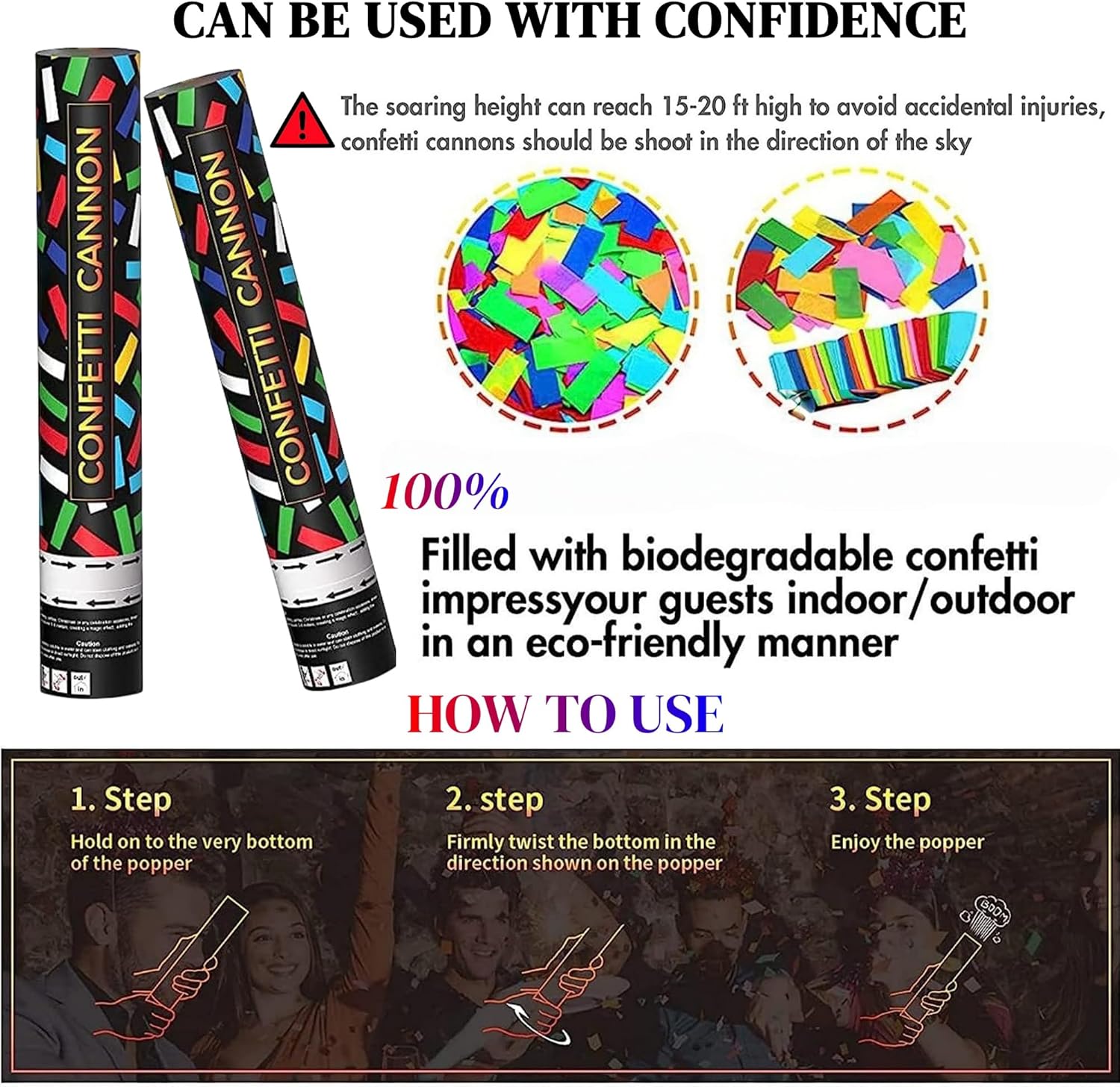 Confetti Cannons Multicolor Party Poppers Confetti Shooters,Biodegradable 100% and Air Powered Party Confetti Popper Perfect for Birthday, Graduation,and Other Party Or Celebration (2PCS)