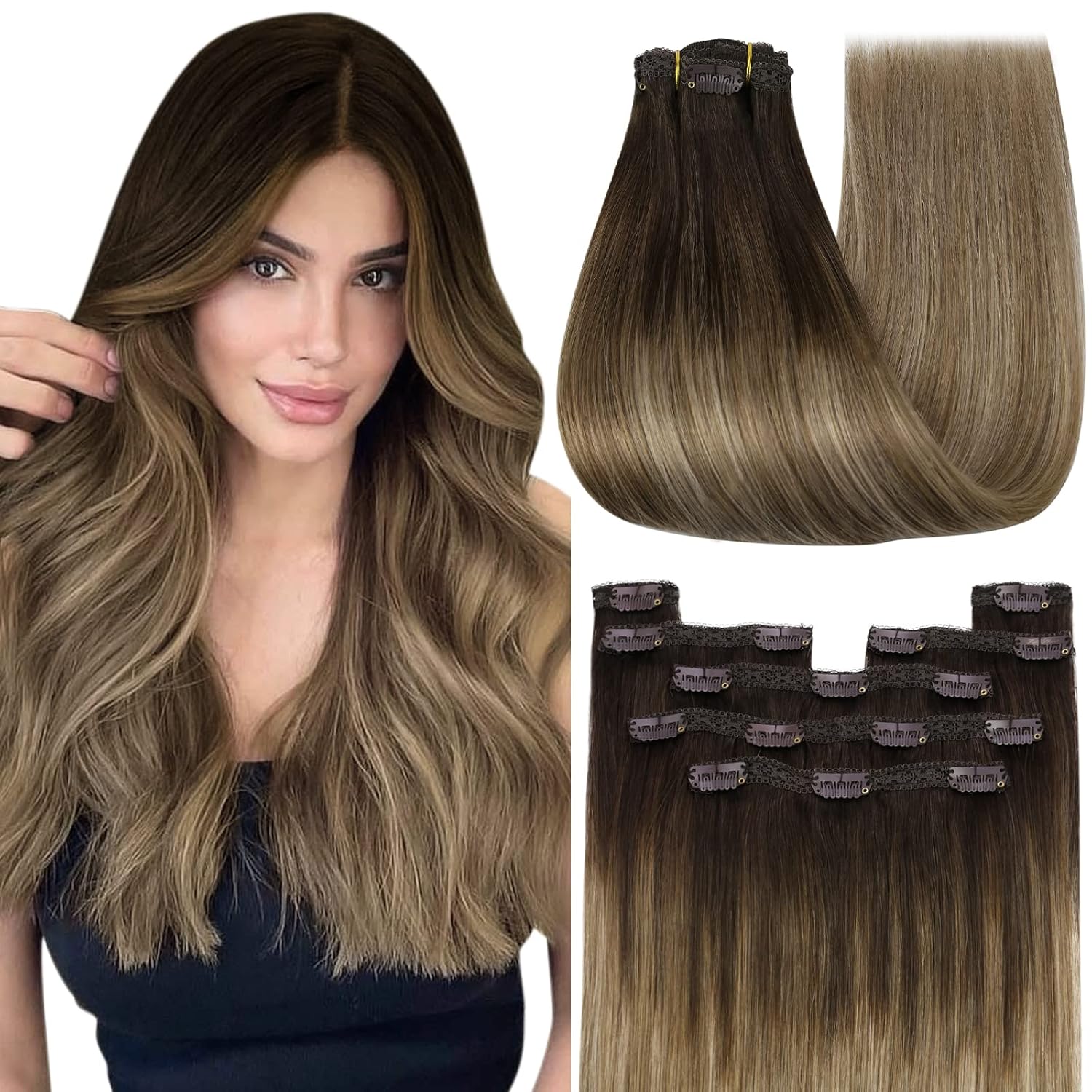 YoungSee Clip in Extensions Echthaar Balayage Blond 40 cm Clip in