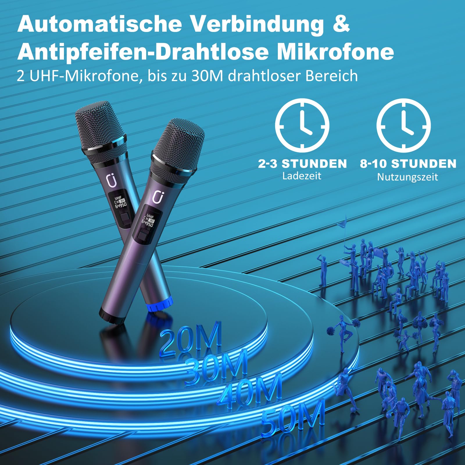 JYX Karaoke Anlage mit 2 drahtlosen Mikrofonen, Bluetooth Party Lautsprecher mit Rädern, Disco Lichtern und Subwoofer, 500W PA System für Party, Outdoor und Karaoke, TWS/SD/USB/AUX/Rec