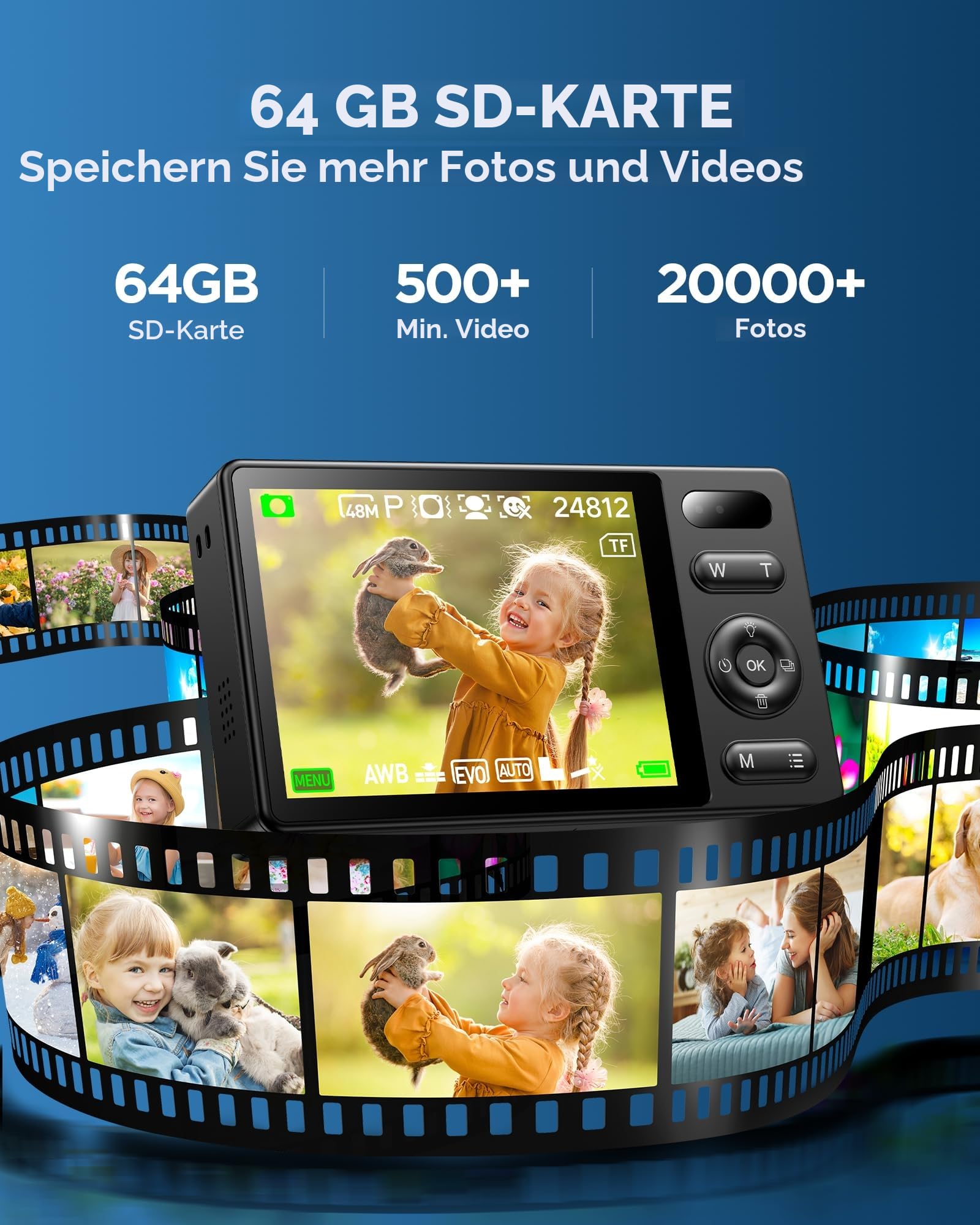 64GB Digitalkamera Kinder Fotokamera: 48MP Anti-Shake Kinderkamera Foto, Vlogging Fotoapparat für YouTube 16X Digital Zoom Appareil Foto Serienaufnahme Selfie Kompaktkamera für Fotografie