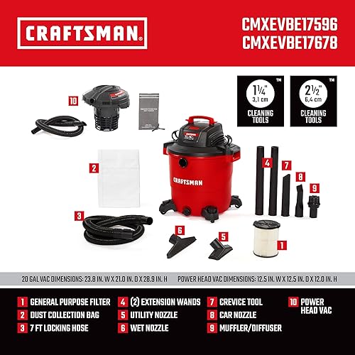 Miniatura 4 de CRAFTSMAN CMXEVBE17596 - Aspiradora de tienda en húmedo y seco de 20 galones, 6.5 pico HP con filtro, bolsa para polvo, manguera, accesorios y