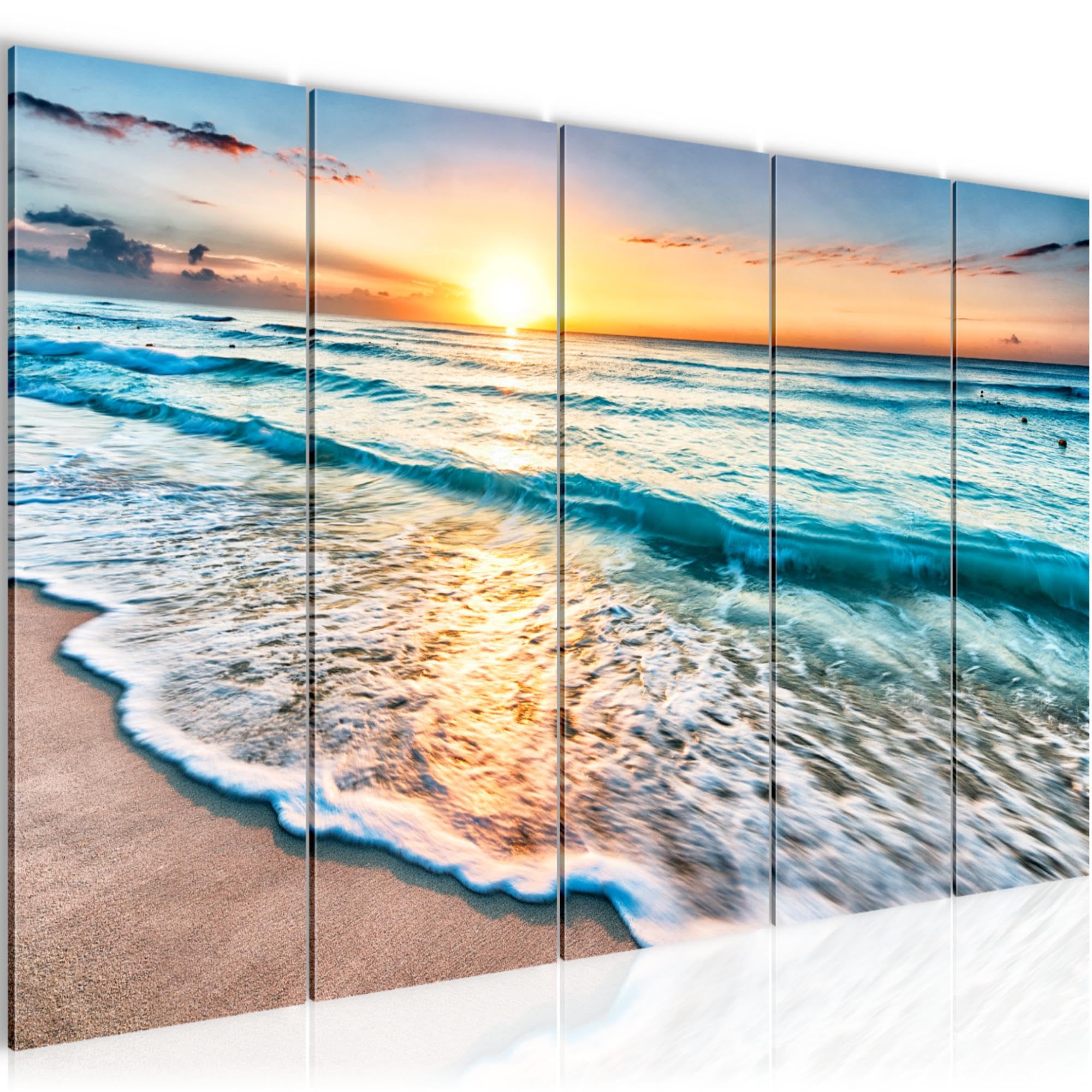 Runa Art Wandbild XXL Sonnenuntergang Strand Schlafzimmer Wohnzimmer 200 x 80 cm Beige Blau 5 Teilig - Made in Germany - 023755a