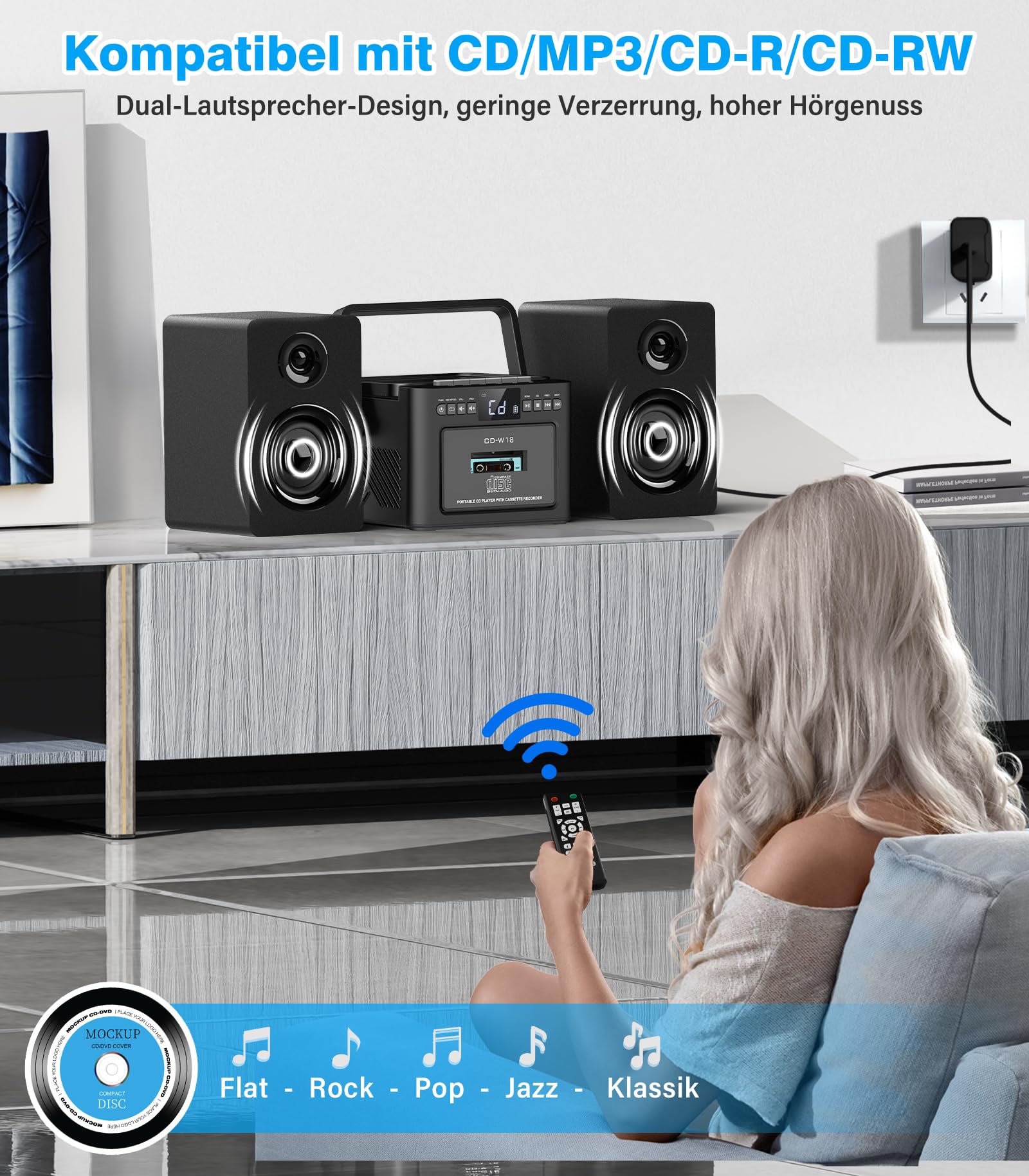 Greadio - Sistema estéreo con reproductor de CD y grabadora de cassette, altavoz de 40 W con Bluetooth 5.1, reproductor de cassette con radio FM, USB, TF, AUX, mando a distancia, equipo de música HiFi