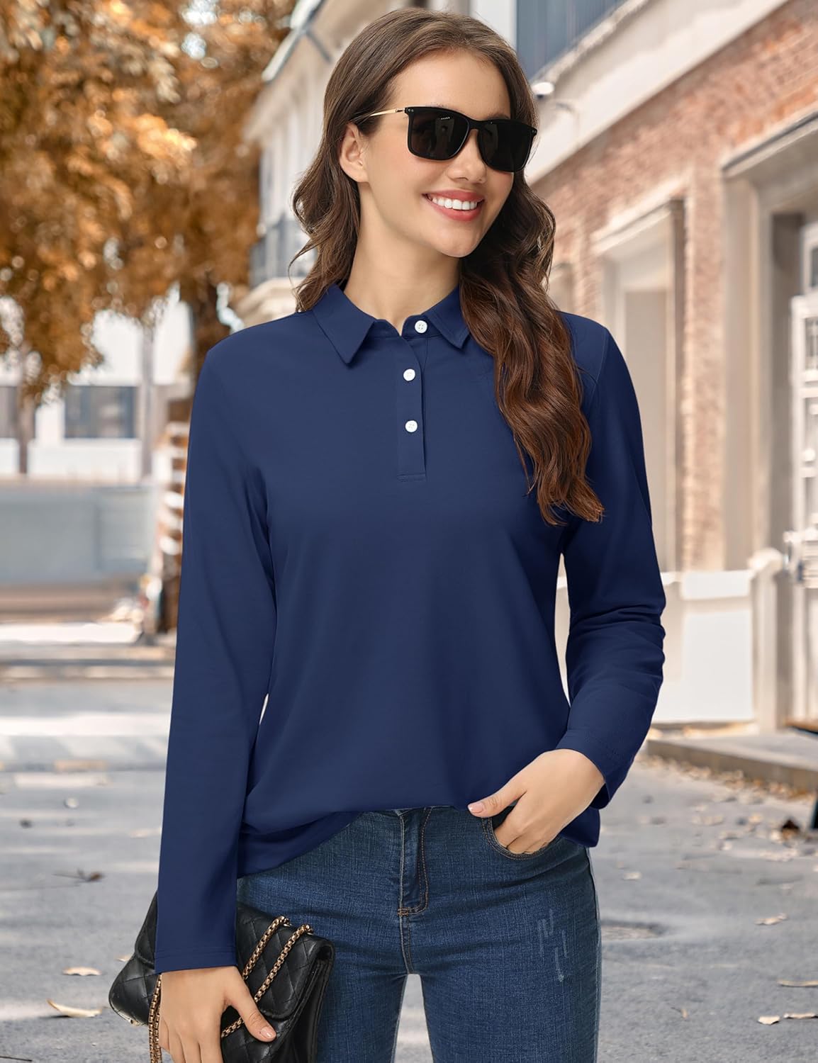 YUCOLEN Womens Polo Shirts Long Sleeve Casual Tops Collared Button Down Cotton Tee Work T Shirt - Image 5