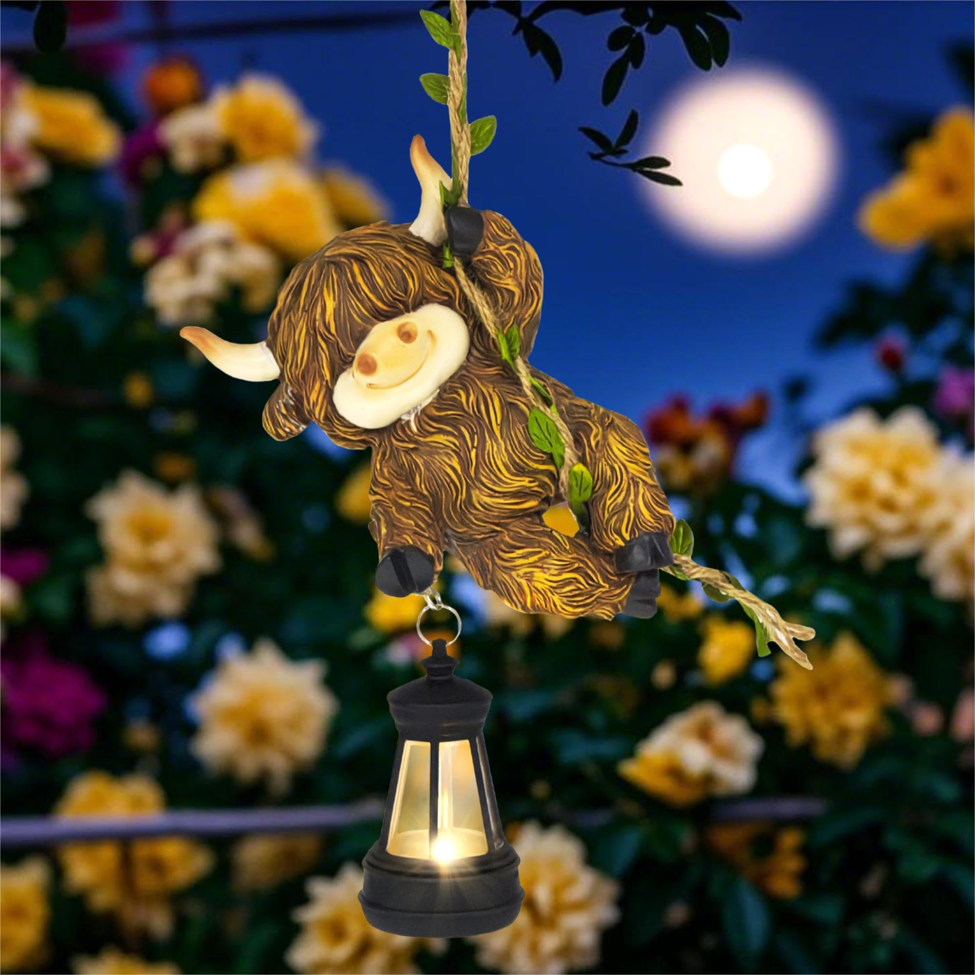 CFFOWNUG Hanging Highland Cow Decor: Garden Cow Statues with Solar Lantern Tree Decorations for Outdoor Yard Lawn Patio Porch Ideal Gardening Gifts for Mom Grandma Women