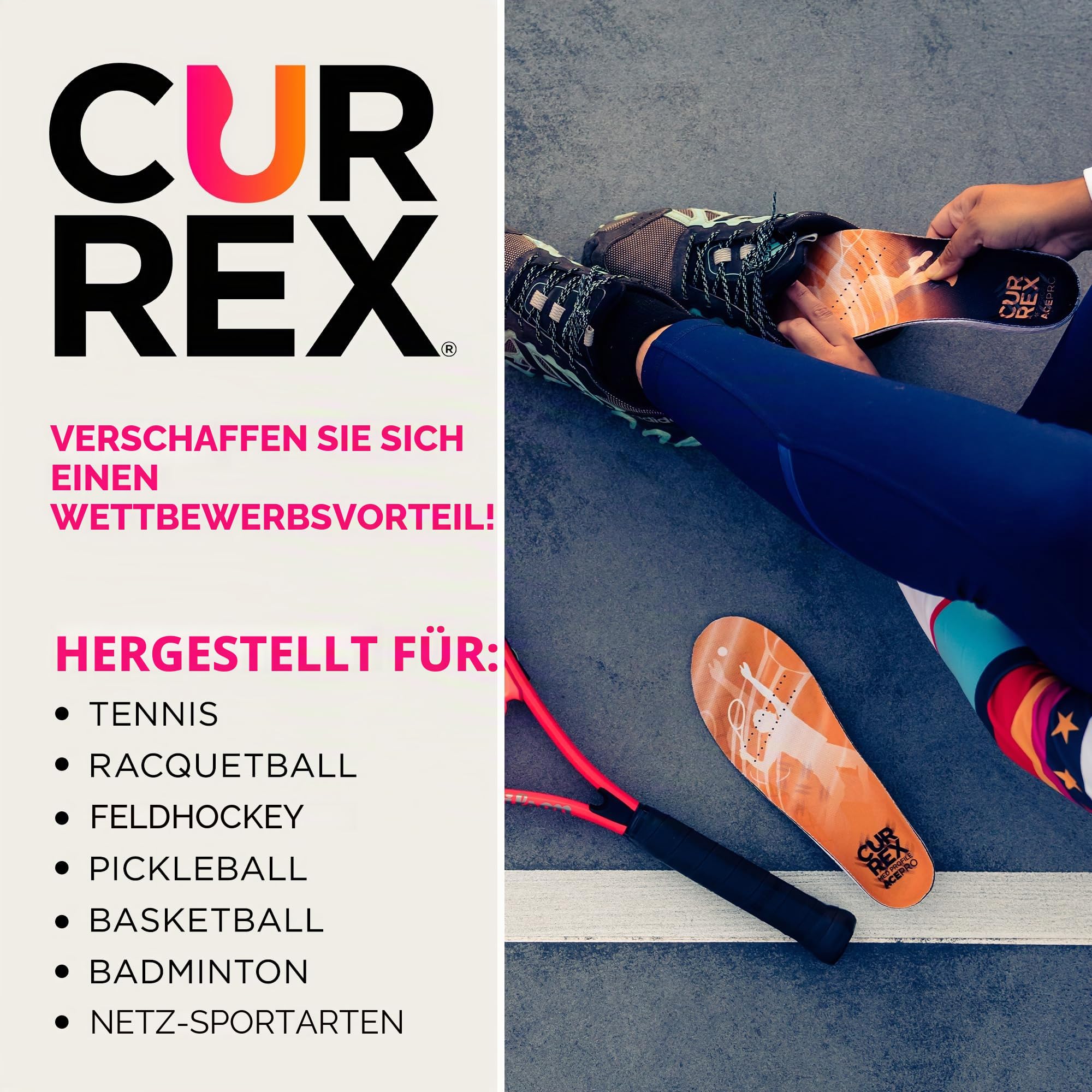 CURREX AcePro Einlegesohlen für Tennis- und Hallenschuhe - Optimal für Handball, Badminton und Volleyball (Med Profile) - EU 44,5-46,5 (XL)
