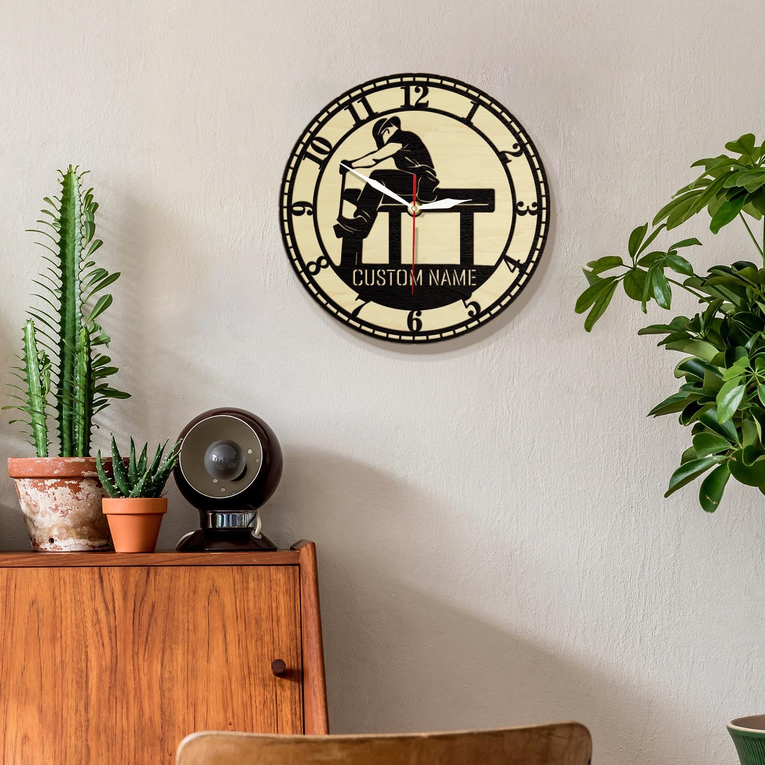 12 Inch Personalized Ironworker Name Wood Wall Clock, Construction Steel Worker Wooden Wall Clock Decorative Silent Non Ticking Battery Operated Clock for Man Cave Office Bedroom Living Room