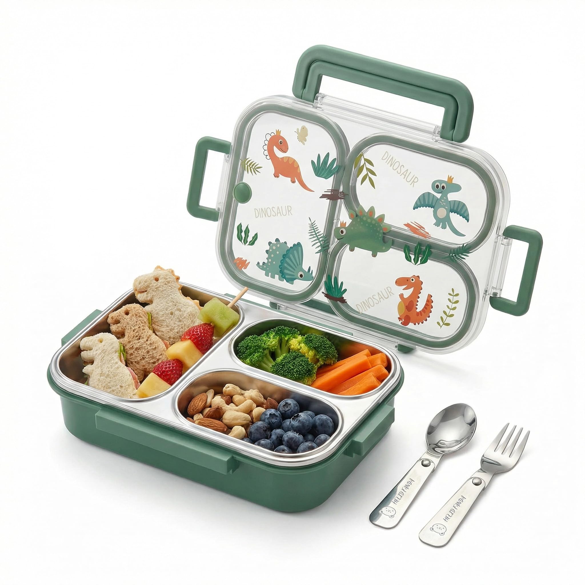 Photo 1 of ***MISSING A HANDLE ON 1 SIDE***WORTHBUY Microwavable 304 Stainless Steel Bento Box With Utensils, Metal Lunch Container With 3 Compartments, Leak Proof Lunch Box, Portable Concealed Handle, BPA Free, Dishwasher Safe [Dinosaur]***MISSING A HANDLE ON 1 SID