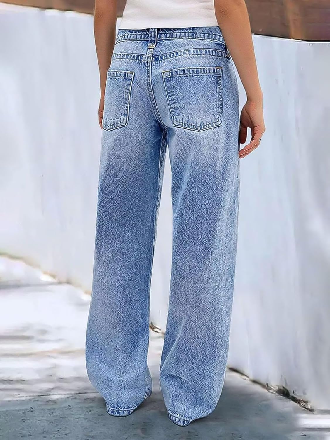 Flamingals Wide Leg Jeans for Women Mid Waist Baggy Stitch Decor Denim Washed Pants Without Belt