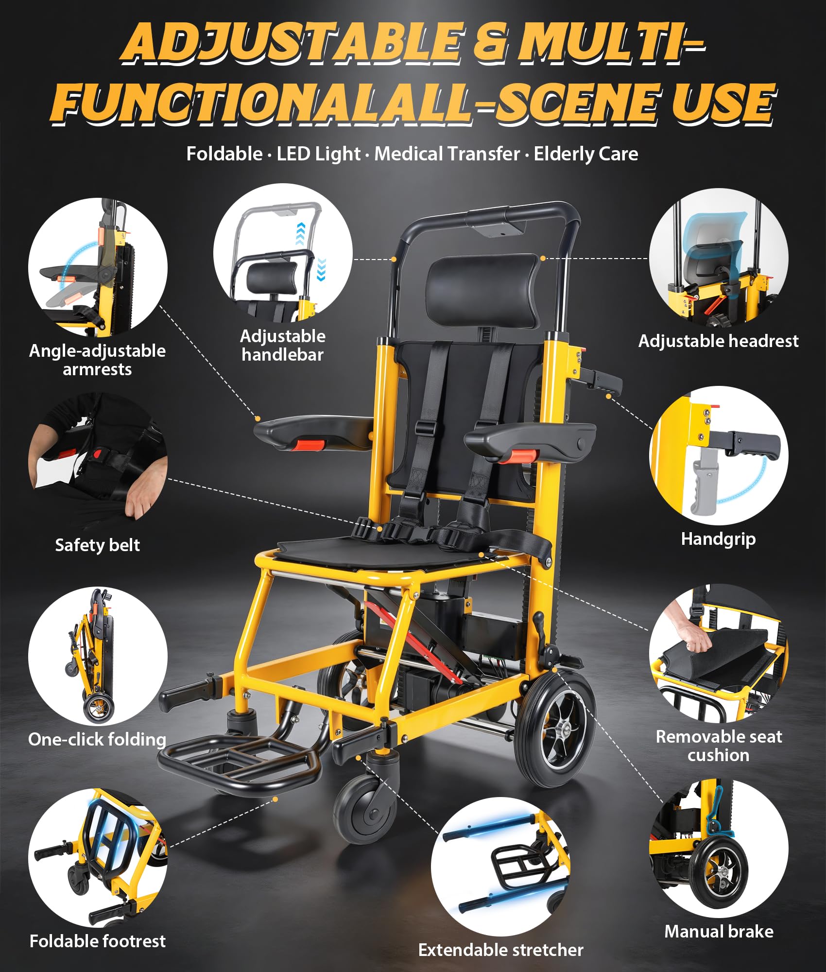 Elektrischer Treppensteiger Rollstuhl Faltbar mit Gummikette, 240KG Elektrischer Treppenlift Stuhl, 3 Speed Rollstuhl Faltbar Treppen Mobilitätshilfe mit LED Licht, Medizinische Rettungstrage für Se