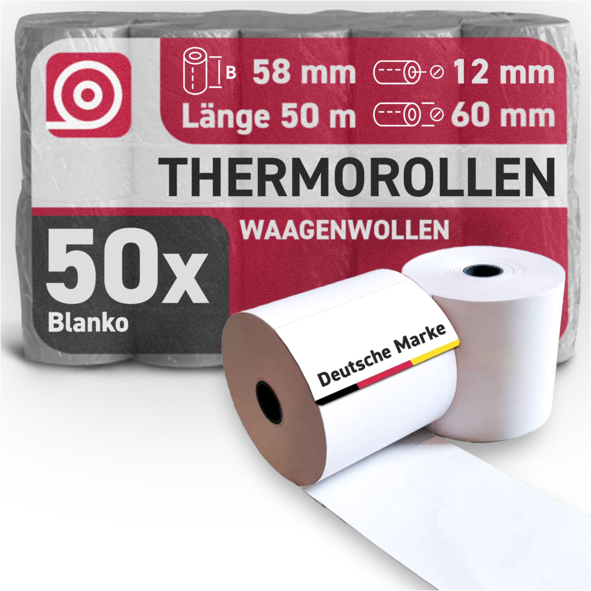 Thermorolle 58 mm x 50 m x 12 mm - BPA-freies Thermopapier - 50 Kassenrollen mit 65 mm Rollendurchmesser – Bonrolle für Waagen, Kassen & Thermodrucker