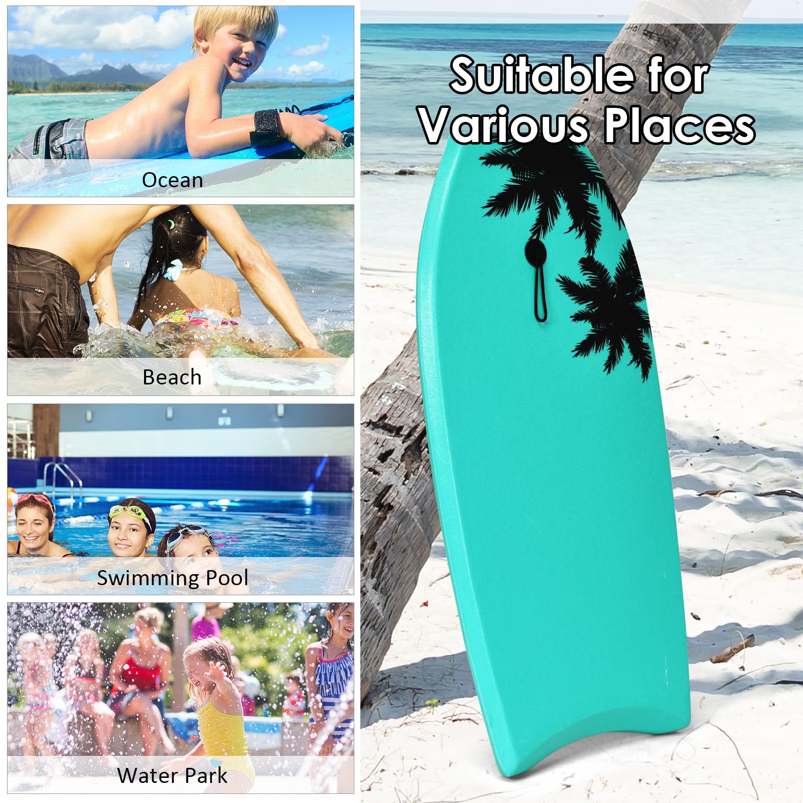 HOMASIS Bodyboard Surf da Tavola con Cavo di Trazione da 90 cm, Tavola da Surf per Bambini e Adulti, Tavola da Onda con Nucleo in Schiuma EPS e Motivo di Alberi di Cocco