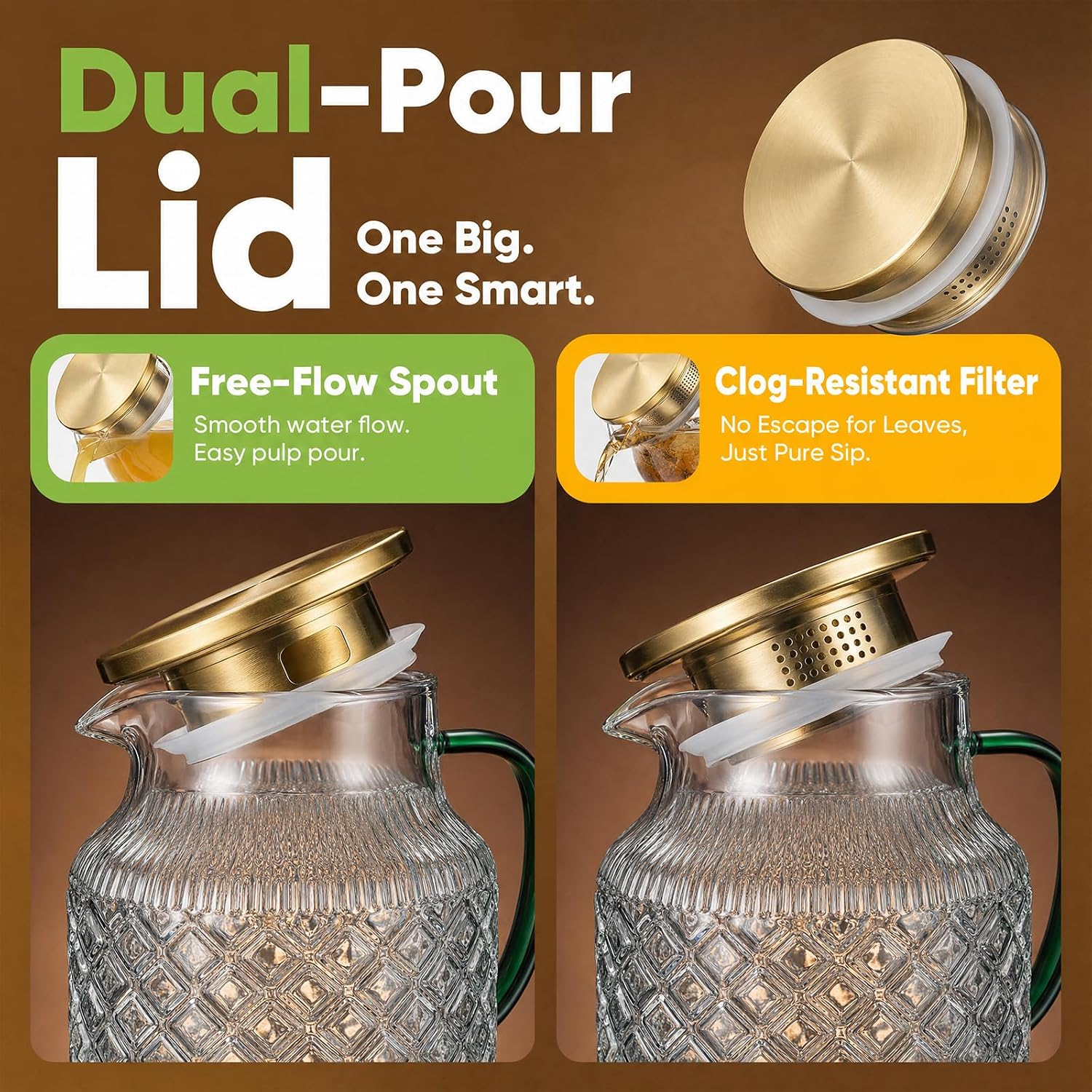 2 Pack Glass Pitcher with Lid, 68 oz Each, Vintage Diamond Glass Water Pitchers with Handle, Stainless Steel Pour Lid for Iced Tea, Lemonade, Juice and Sun Tea, Gold & Green