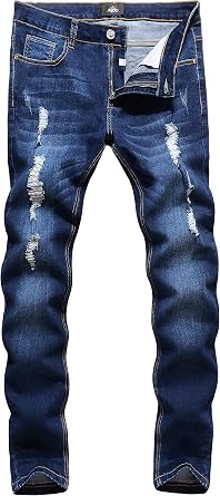 بنطلون جينز ممزق ممزق باللون الأزرق والأسود للرجال بقصّة Slim Fit، بنطلون جينز Destroyed Jeans بتصميم عصري للرجال من ZLZ