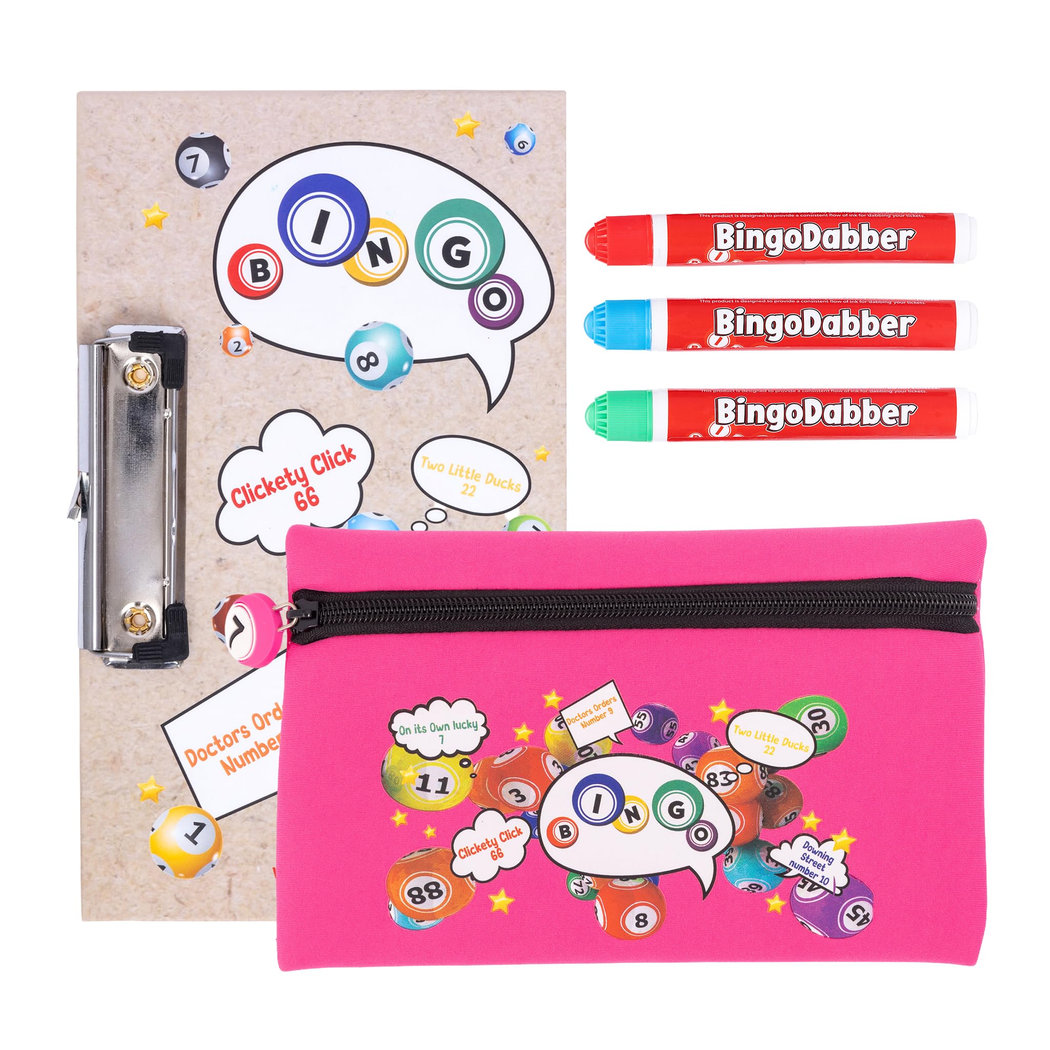 evelay Coffret cadeau pour bingo Dabber | 3 dabbers de bingo | 1 planche de bingo avec clip | Sac de rangement avec numéro porte-bonheur à fermeture éclair | Encre anti-goutte | 6 options de couleur