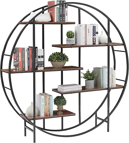 Miniatura 8 de kevinplus Estante redondo con escalera para plantas, estantería moderna, estantería industrial de 5 niveles, almacenamiento abierto con madera de