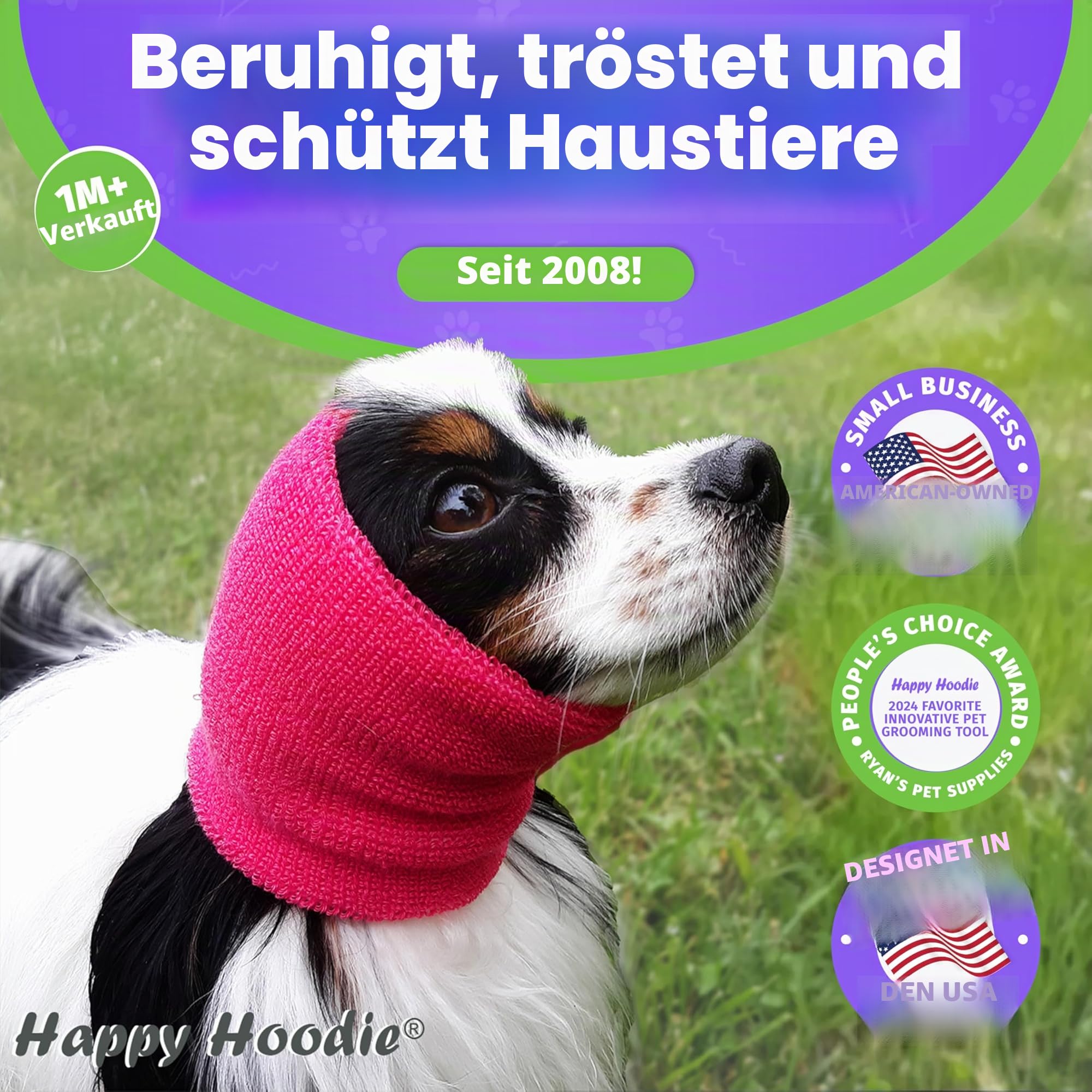 Happy Hoodie, das Original-Beruhigungsband für Hunde und Katzen: Amerikanische Marke, Linderung von Angstzuständen/Lärmschutz, für Fellpflege, bei Gewitter und Feuerwerk.