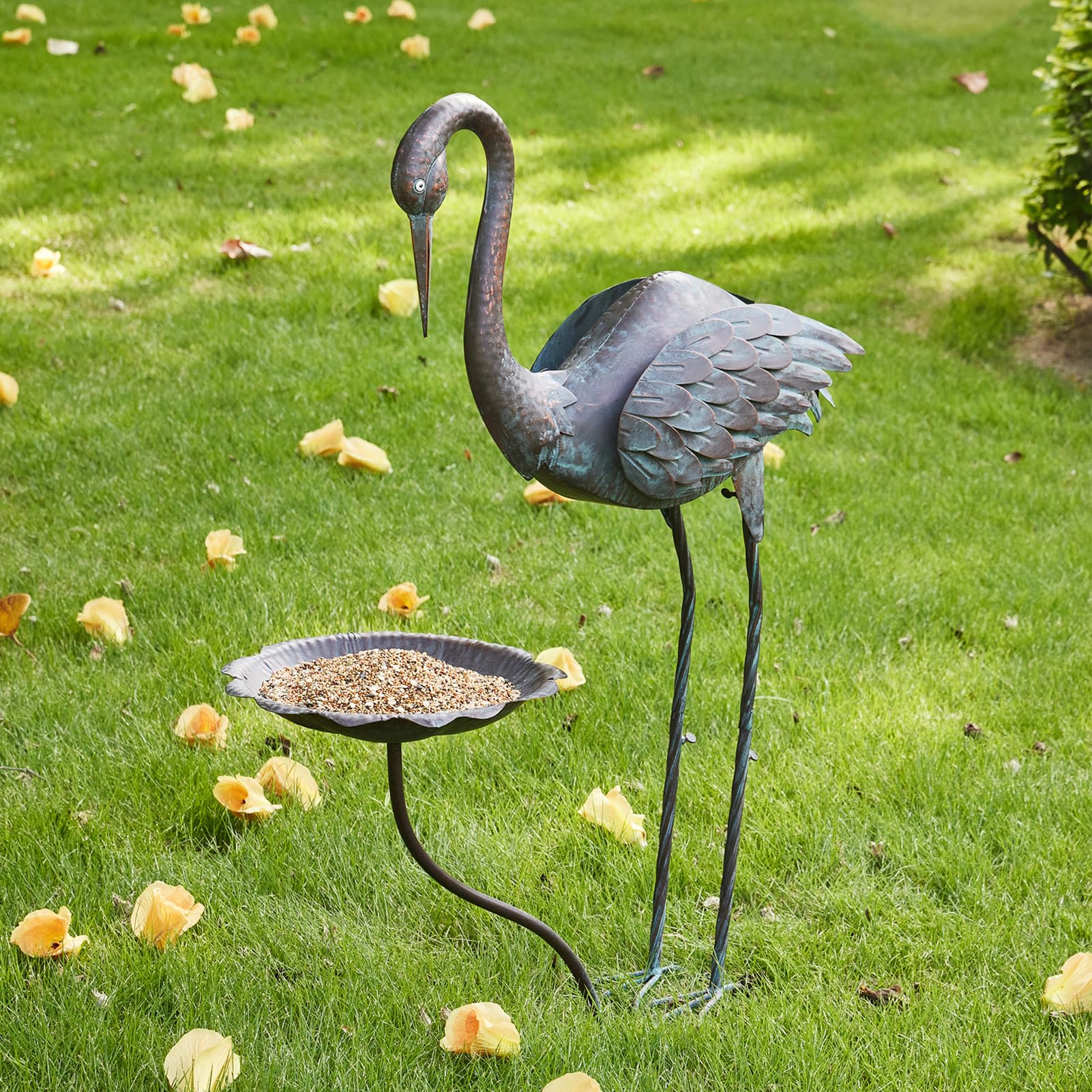Kranich-Vogeltränke aus Metall, 91,4 cm hoch, Vogeltränke für den Außenbereich, Vogelfutterspender für den Außenbereich | Reiher-Gartenstatuen mit Vogeltränke, Vintage-Vogeltränke für Garten, Terrasse, Rasen-Dekoration