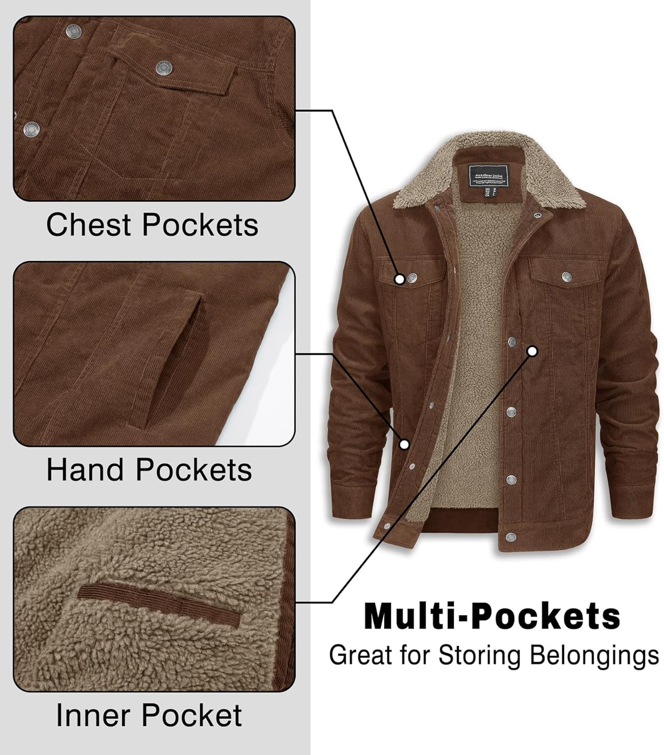 EKLENTSON Men's Corduroy Jackets Sherpa Lined Winter Coats Thermal Warm Fleece Jacket Casual Lapel Trucker Jackets - Image 5
